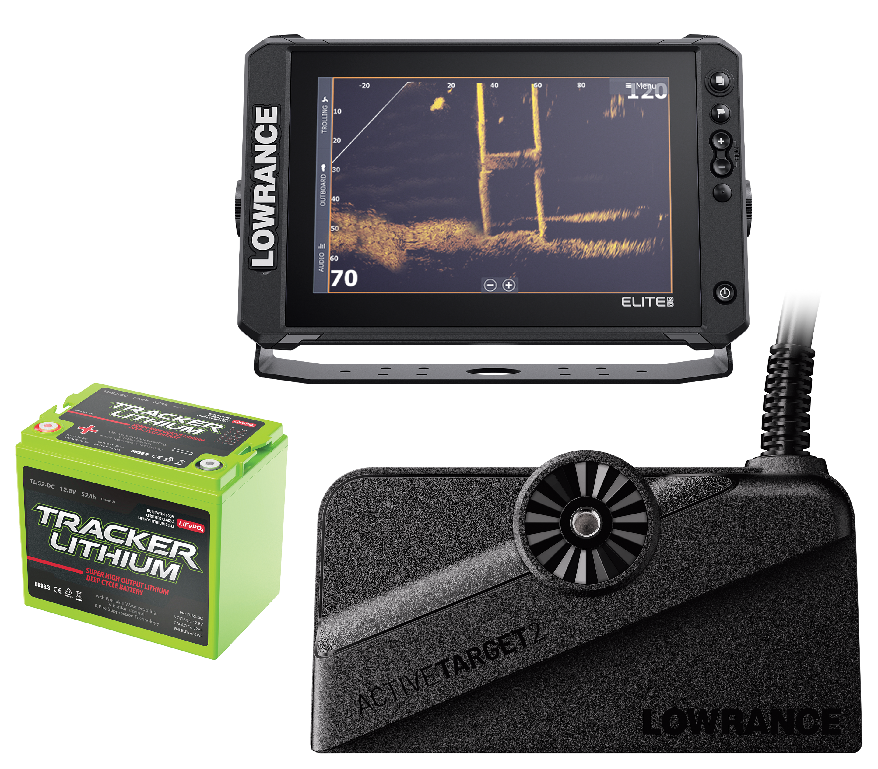 Lowrance Elite FS 10 Fish Finder/Chartplotter with TotalScan Transducer, ActiveTarget 2 Live Sonar, Deep Cycle Battery Bundle