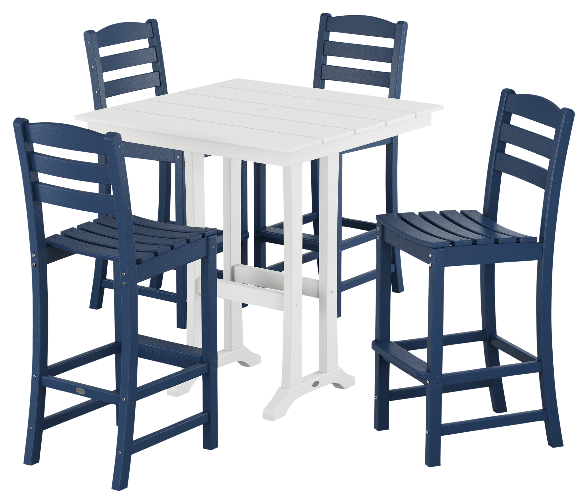 Image of POLYWOOD La Casa Cafe 5-Piece Farmhouse Trestle Bar Set - Navy/White