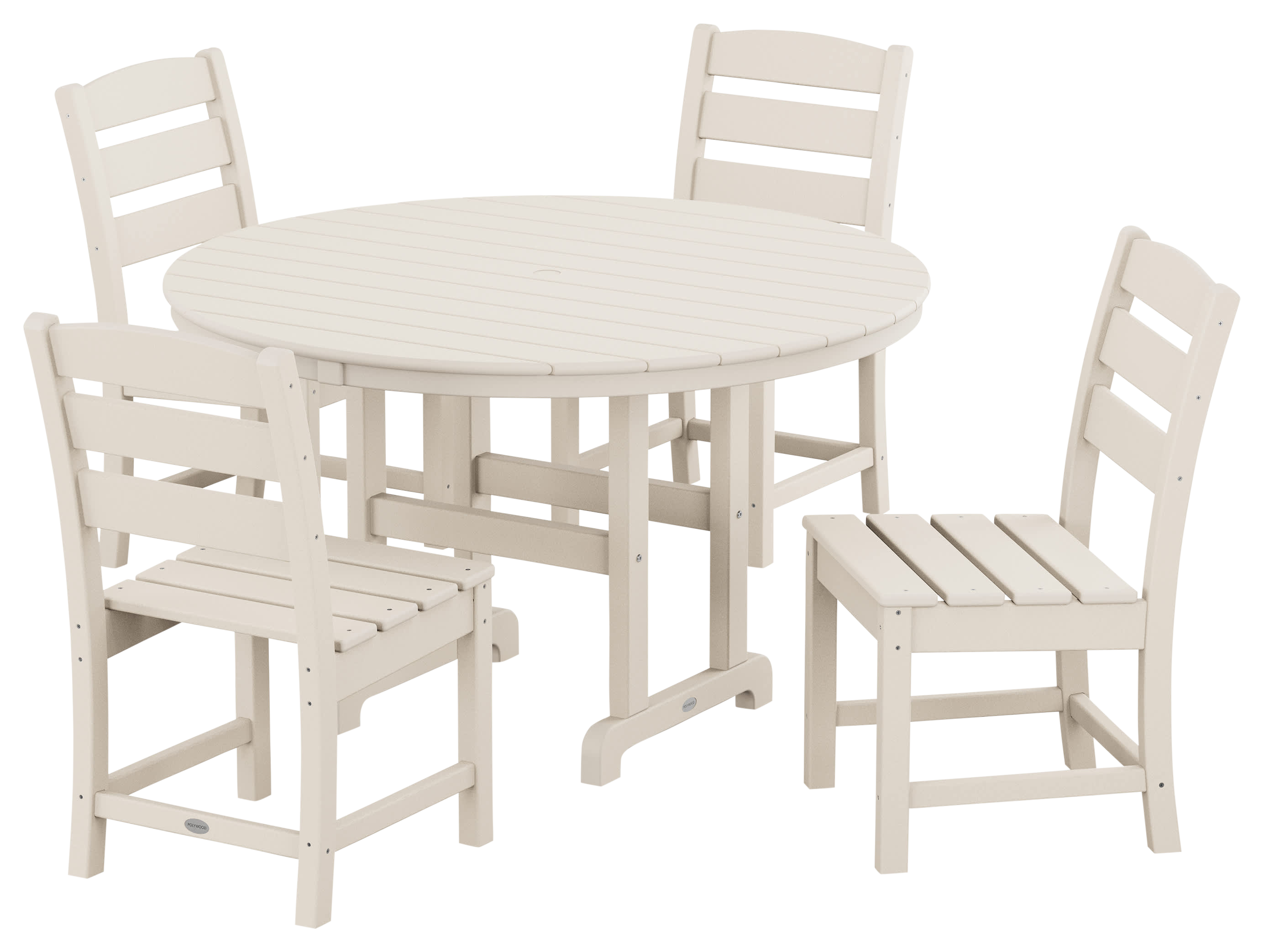 Image of POLYWOOD Lakeside 5-Piece Round Farmhouse Side Chair Dining Set - Sand
