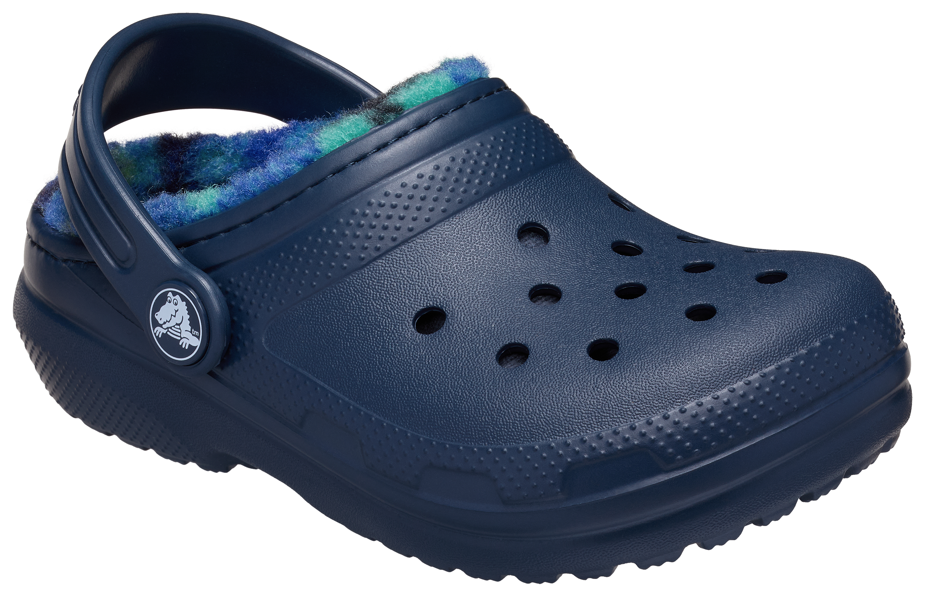 Image of Crocs Classic Lined Bold Check Clogs for Girls - Navy