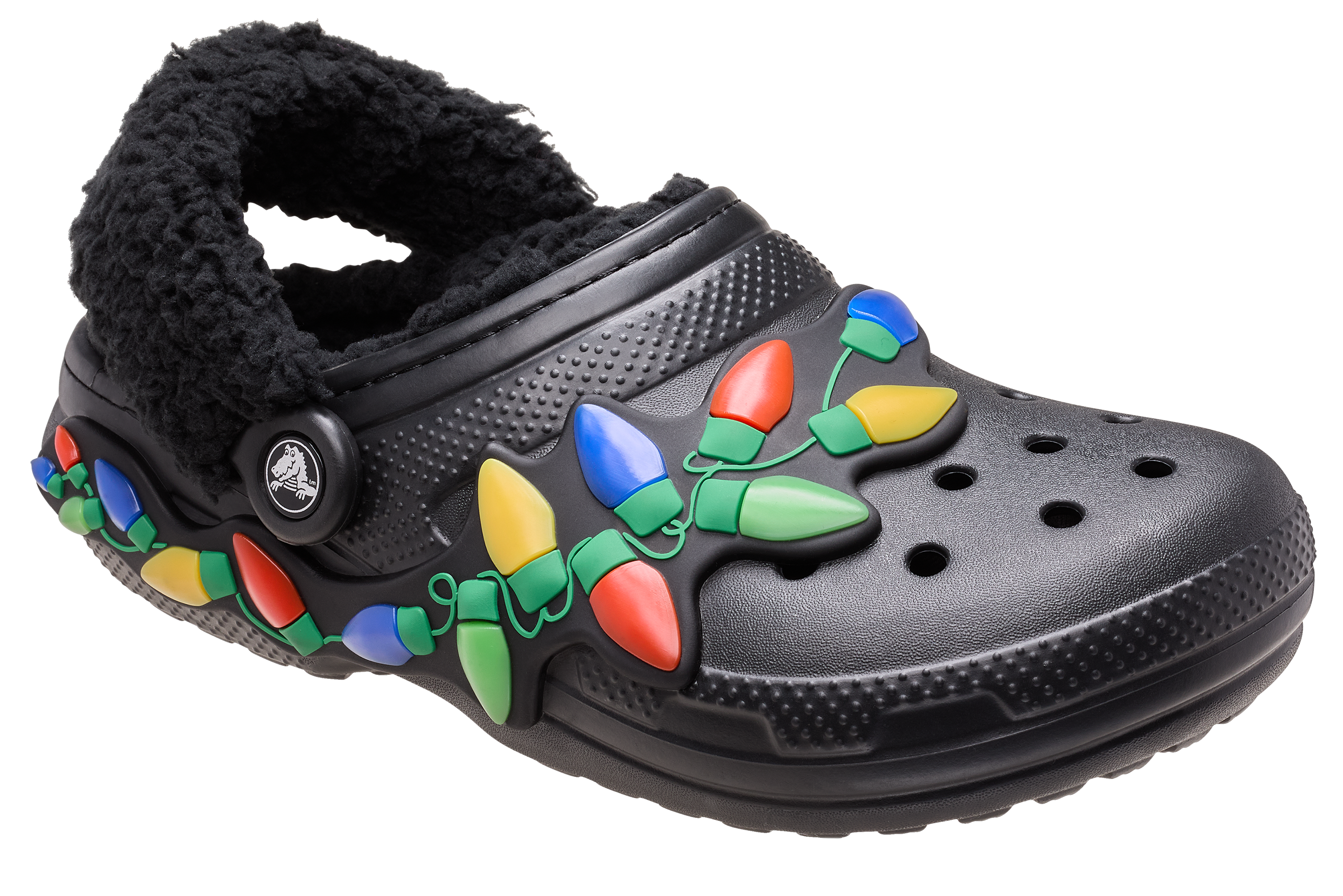 Image of Crocs Classic Lined Holiday Lights Clogs for Men - Black/Multi - 10M