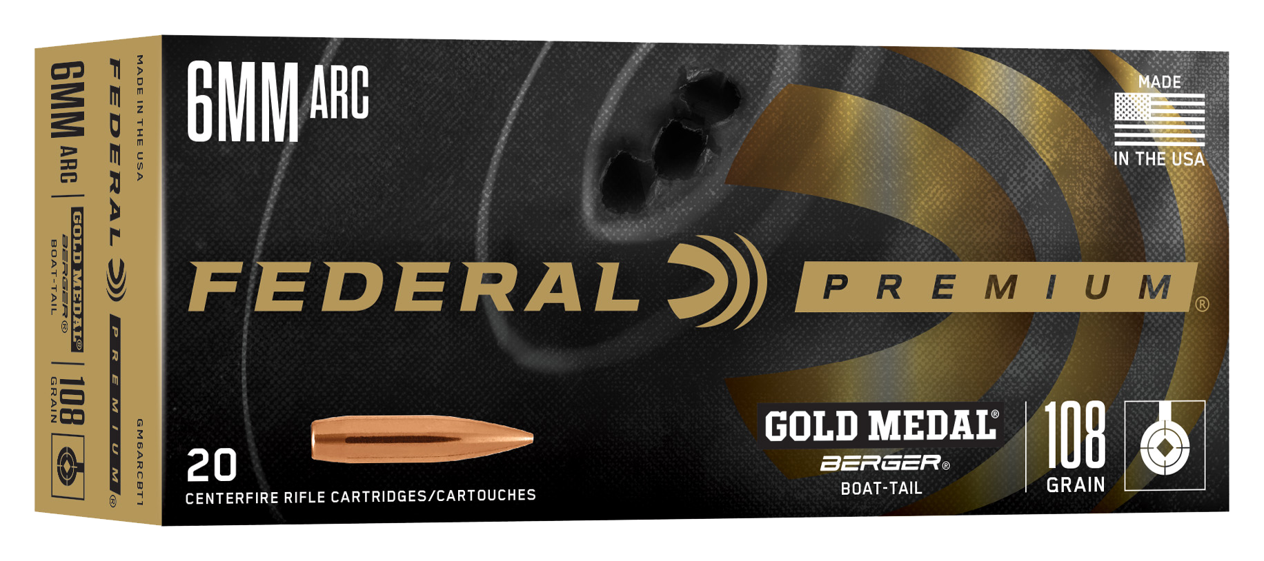 Image of Federal Premium Gold Medal Berger 6mm ARC 108 Grain OTM Centerfire Rifle Ammo