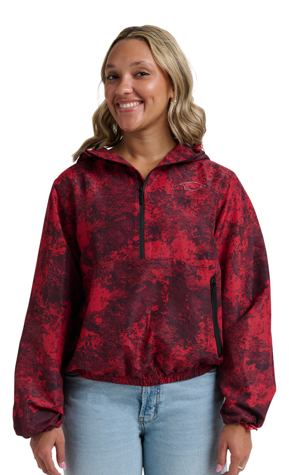 Image of Lusso Wendy Fashion H2O Collegiate Half-Zip Windbreaker Pullover - University of Arkansas - TrueTimber Strata Red