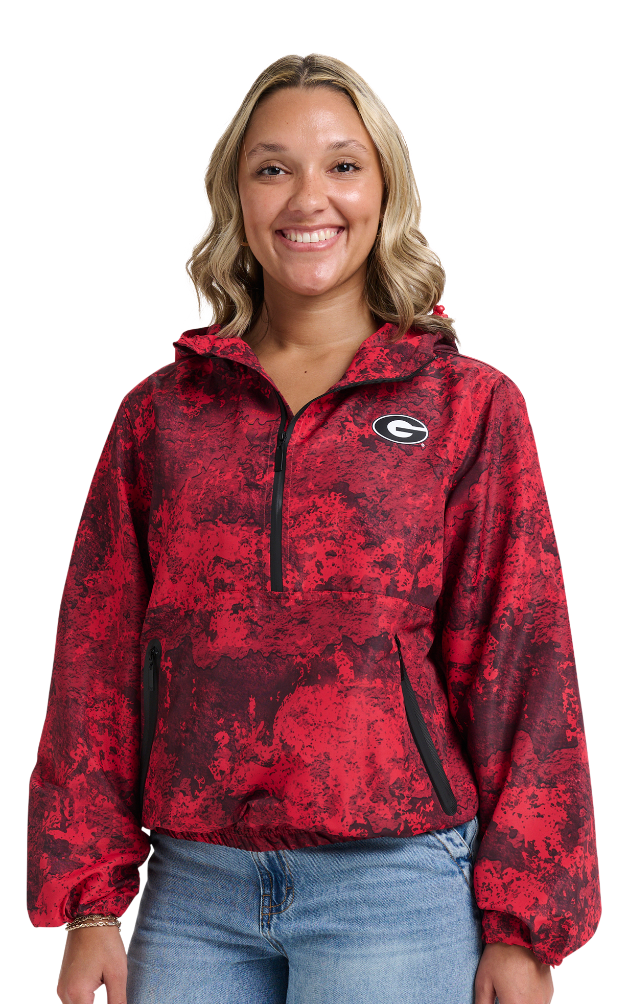 Image of Lusso Wendy Fashion H2O Collegiate Half-Zip Windbreaker Pullover - University of Georgia - TrueTimber Strata Red