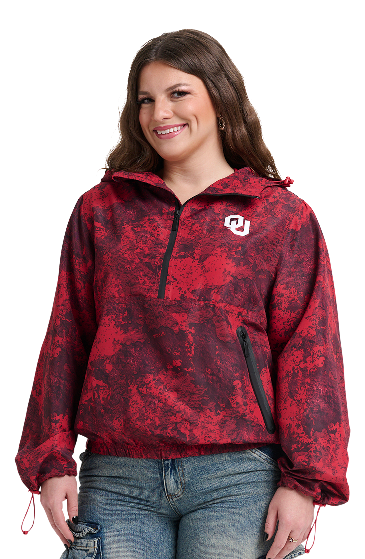 Image of Lusso Wendy Fashion H2O Collegiate Half-Zip Windbreaker Pullover - University of Oklahoma - TrueTimber Strata Red