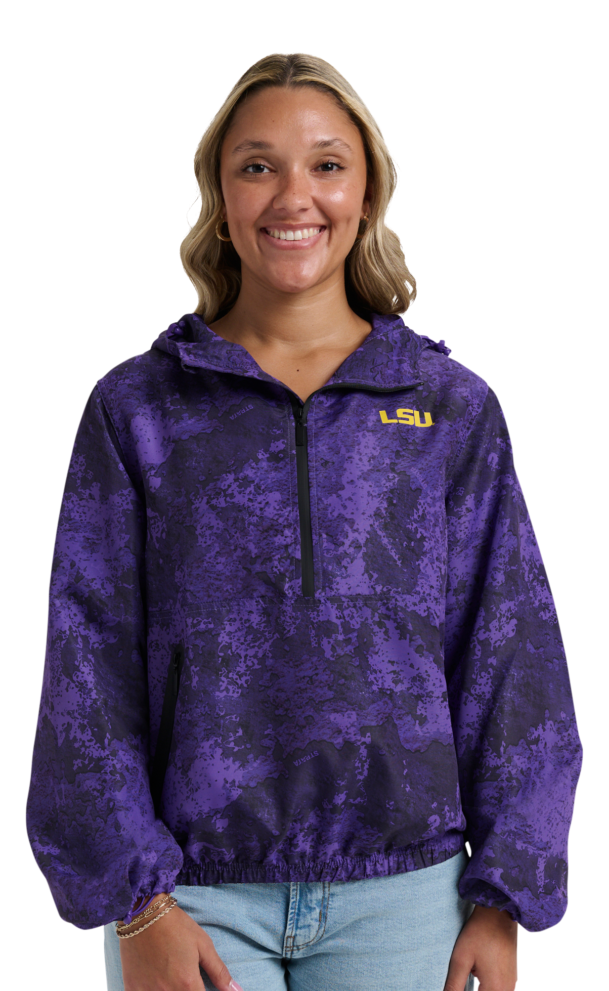 Image of Lusso Wendy Fashion H2O Collegiate Half-Zip Windbreaker Pullover - Louisiana State University - TrueTimber Strata Purple