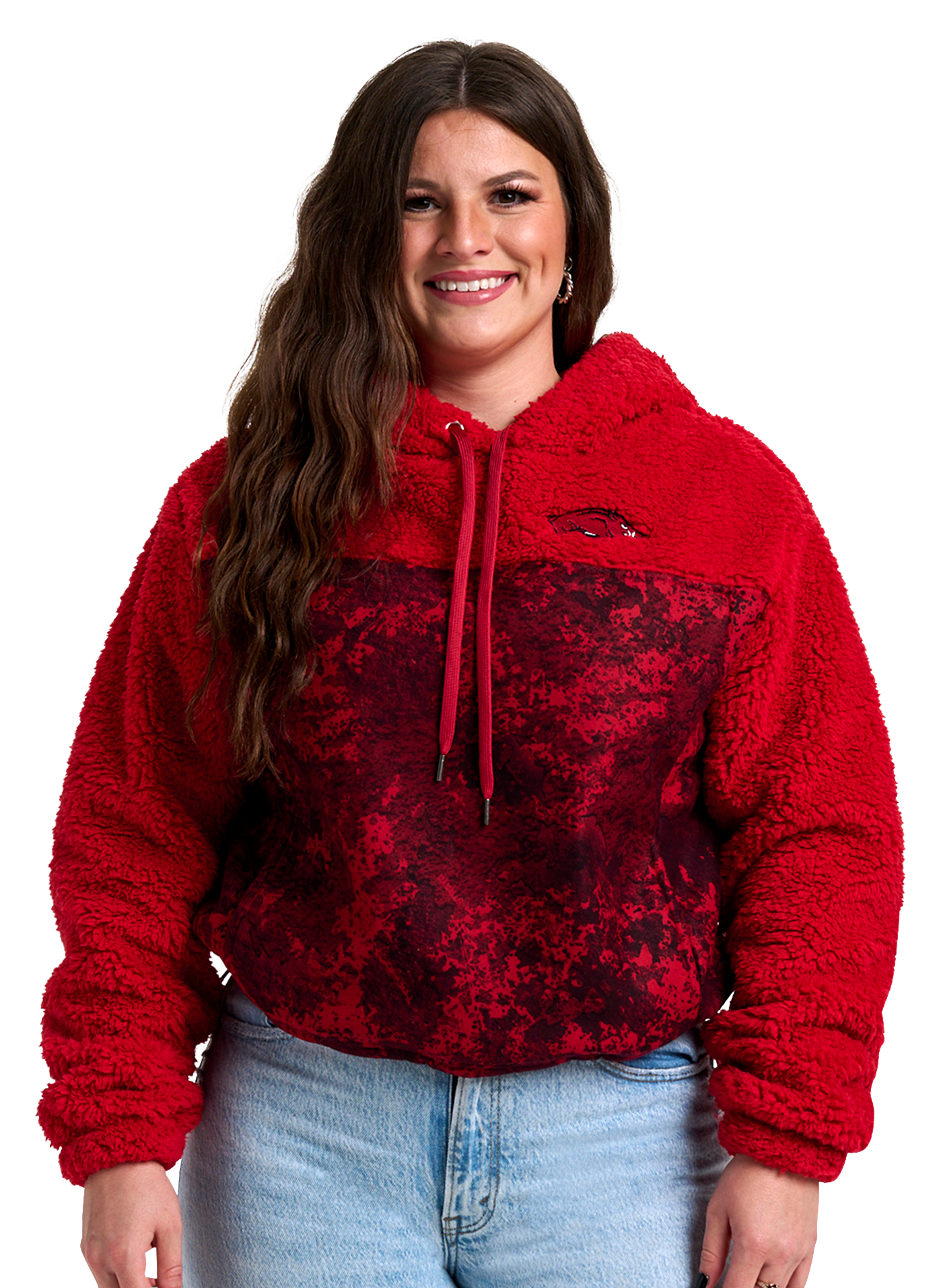 Image of Lusso Willow Fashion Sherpa Collegiate Hoodie - University of Arkansas - TrueTimber Strata Red