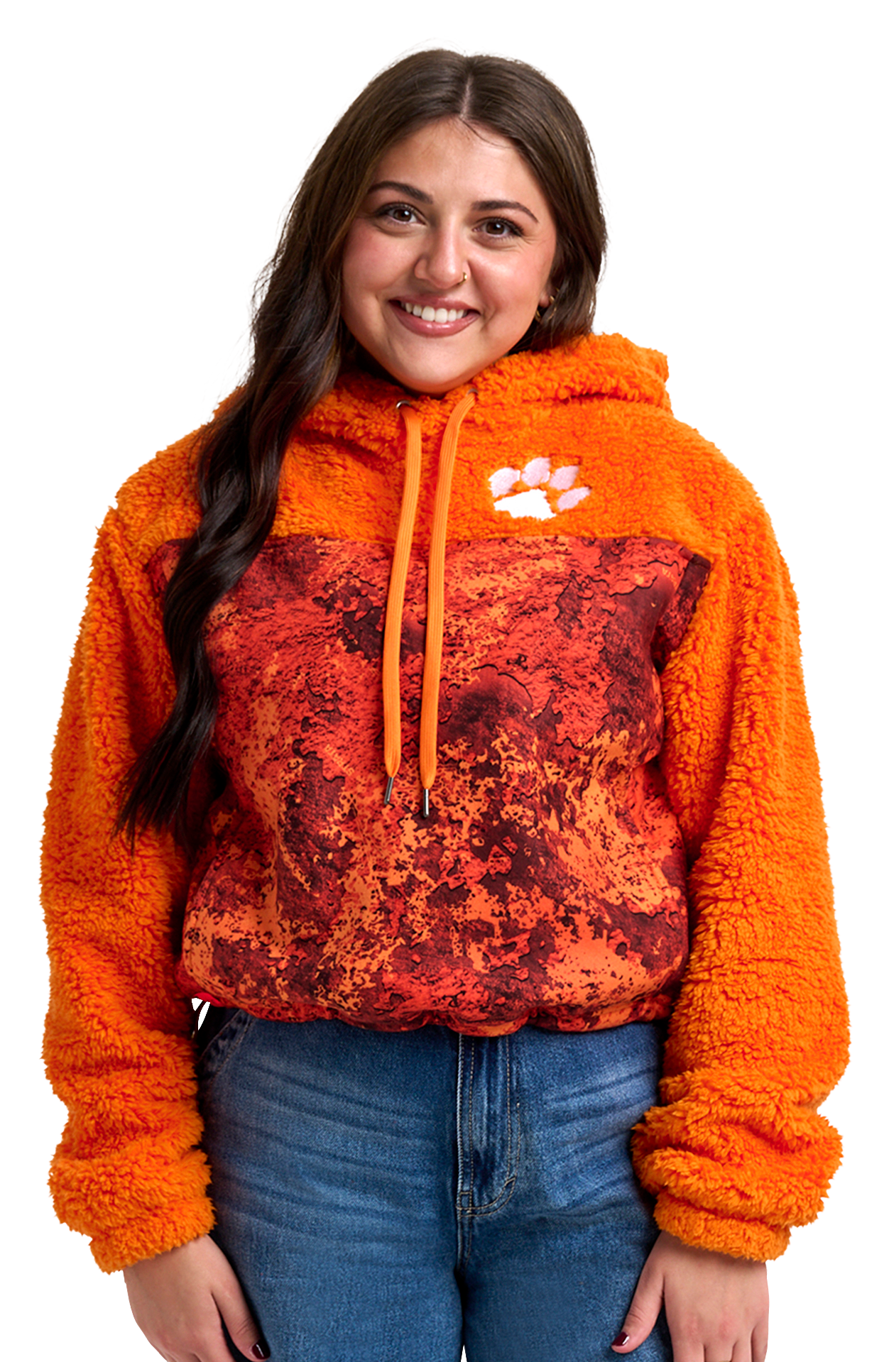 Image of Lusso Willow Fashion Sherpa Collegiate Hoodie - Clemson University - TrueTimber Strata Orange