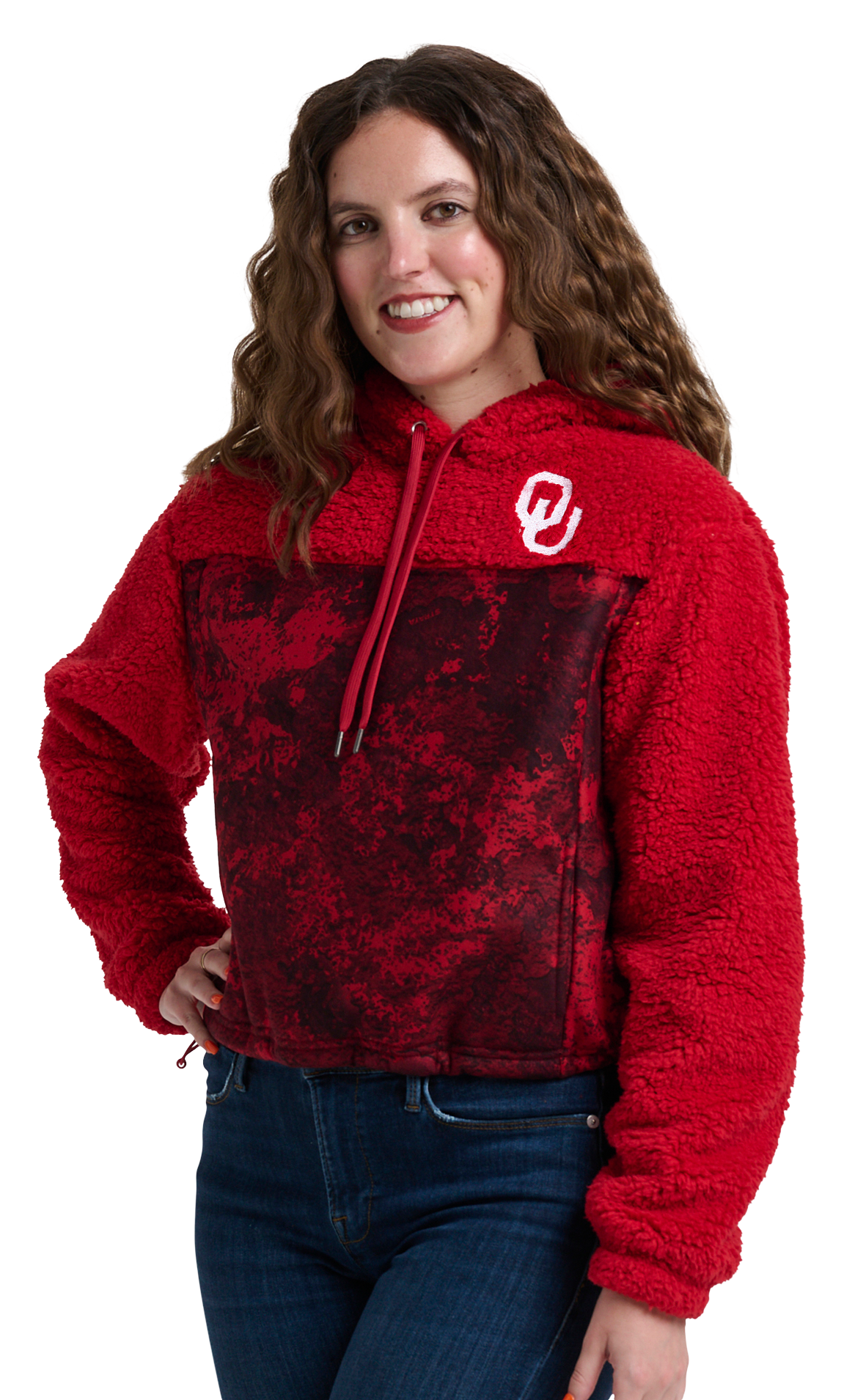 Image of Lusso Willow Fashion Sherpa Collegiate Hoodie - University of Oklahoma - TrueTimber Strata Red