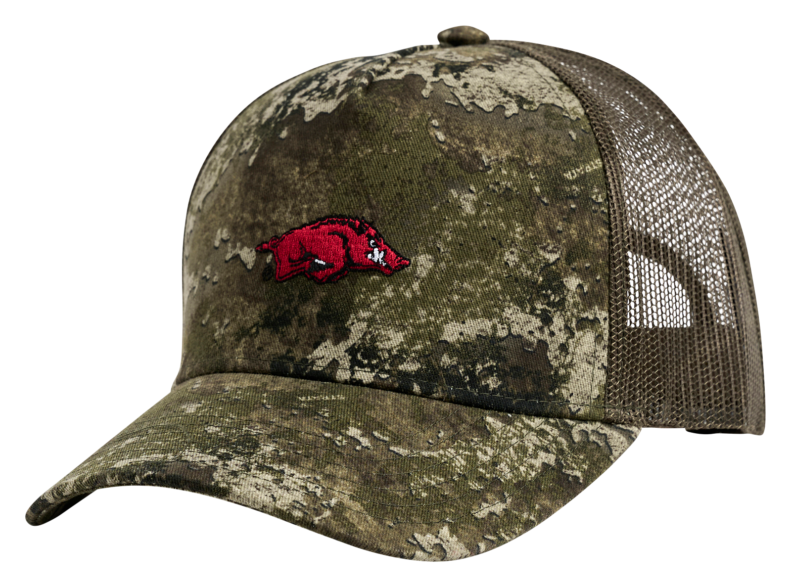 Image of Lusso Whit Classic Collegiate Trucker Cap - University of Arkansas - TrueTimber Strata