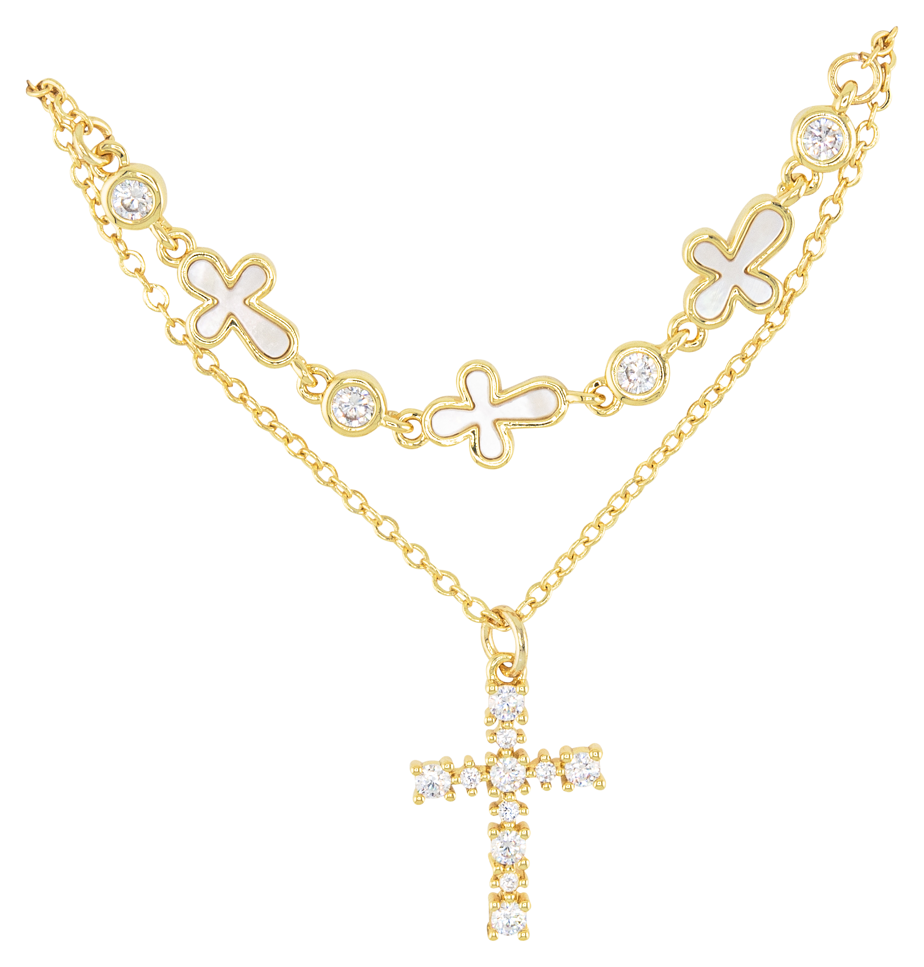 AMANDA BLU CZ and Mother Of Pearl Cross Layered Gold Necklace