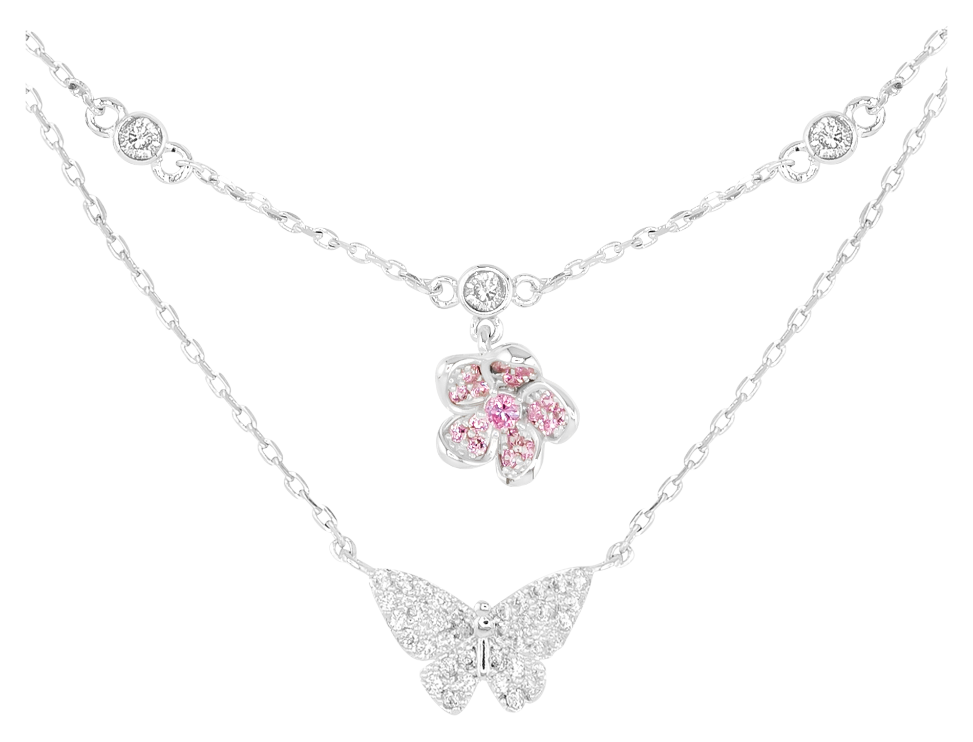 AMANDA BLU Butterfly and Pink Flower CZ Layered Silver Necklace
