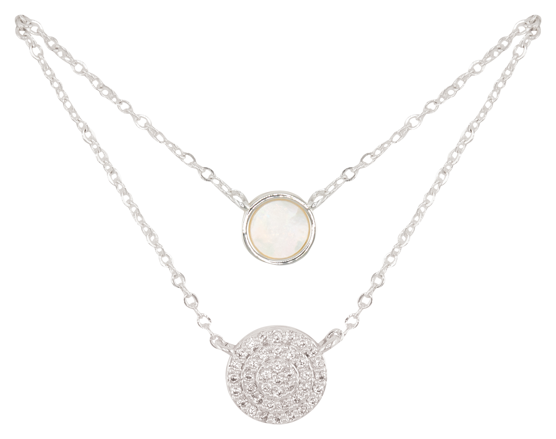 AMANDA BLU CZ and Mother of Pearl Circle Layered Silver Necklace