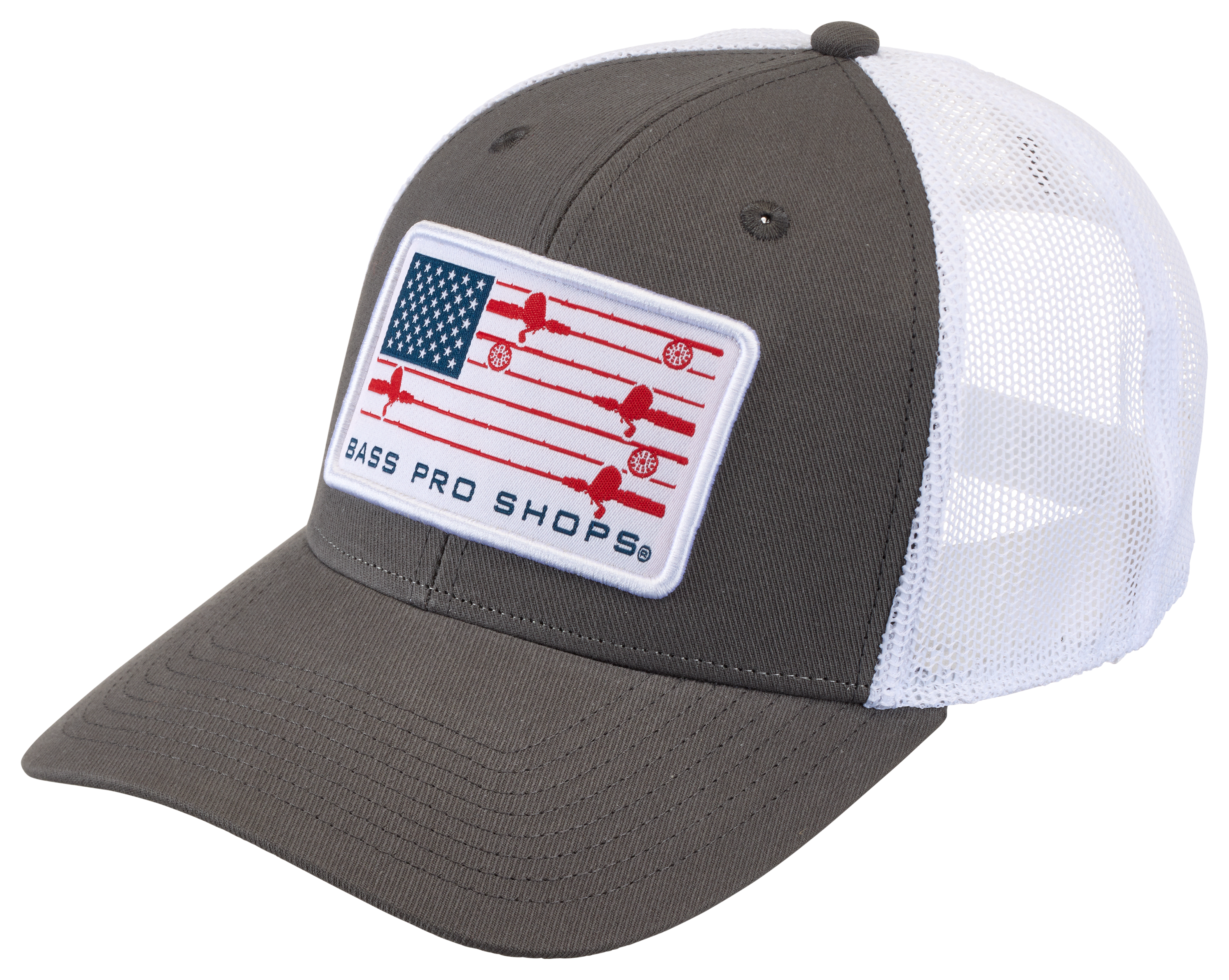 Image of Bass Pro Shops Fishing Rod Flag Mesh-Back Snapback Cap - Charcoal