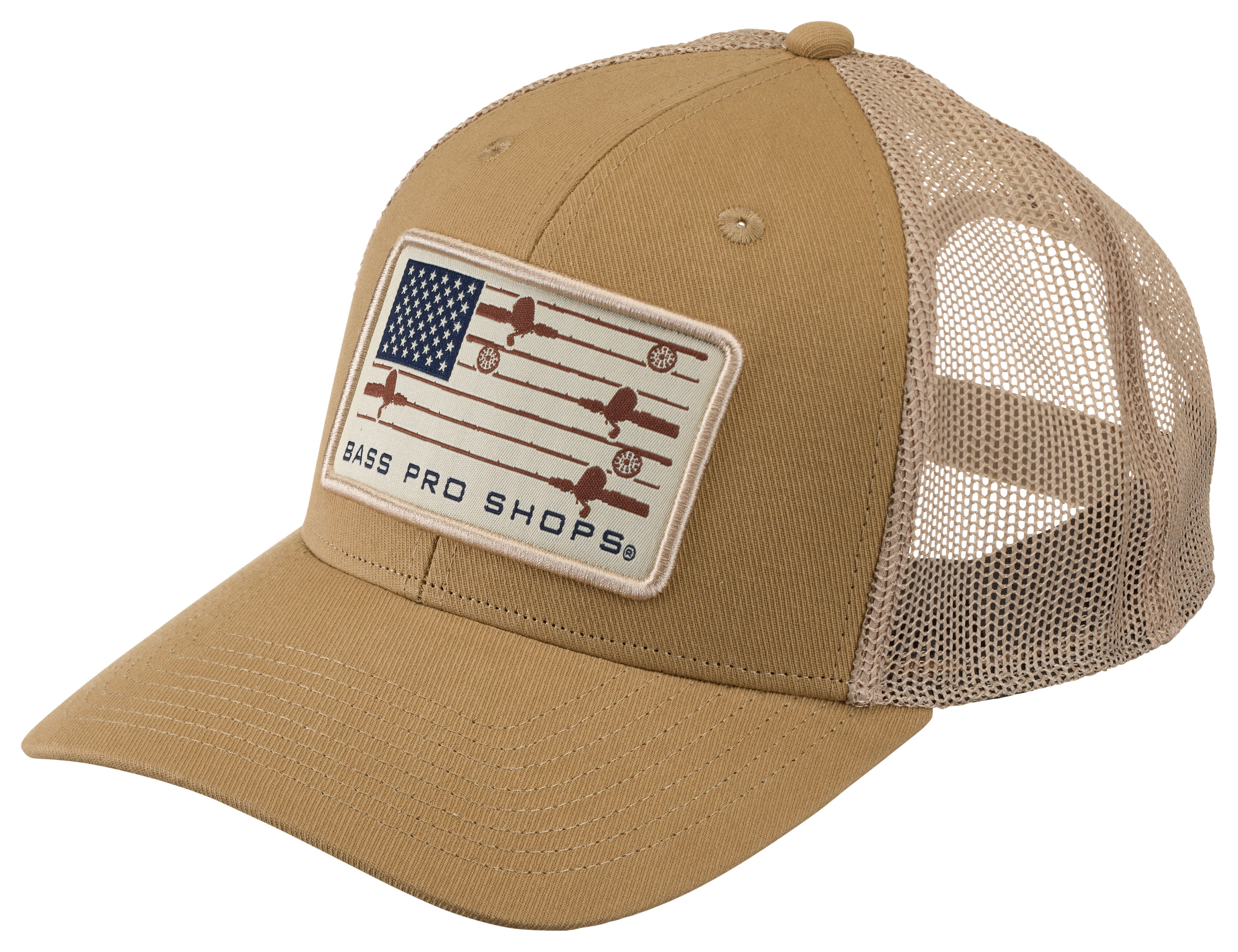 Image of Bass Pro Shops Fishing Rod Flag Mesh-Back Snapback Cap - Brown