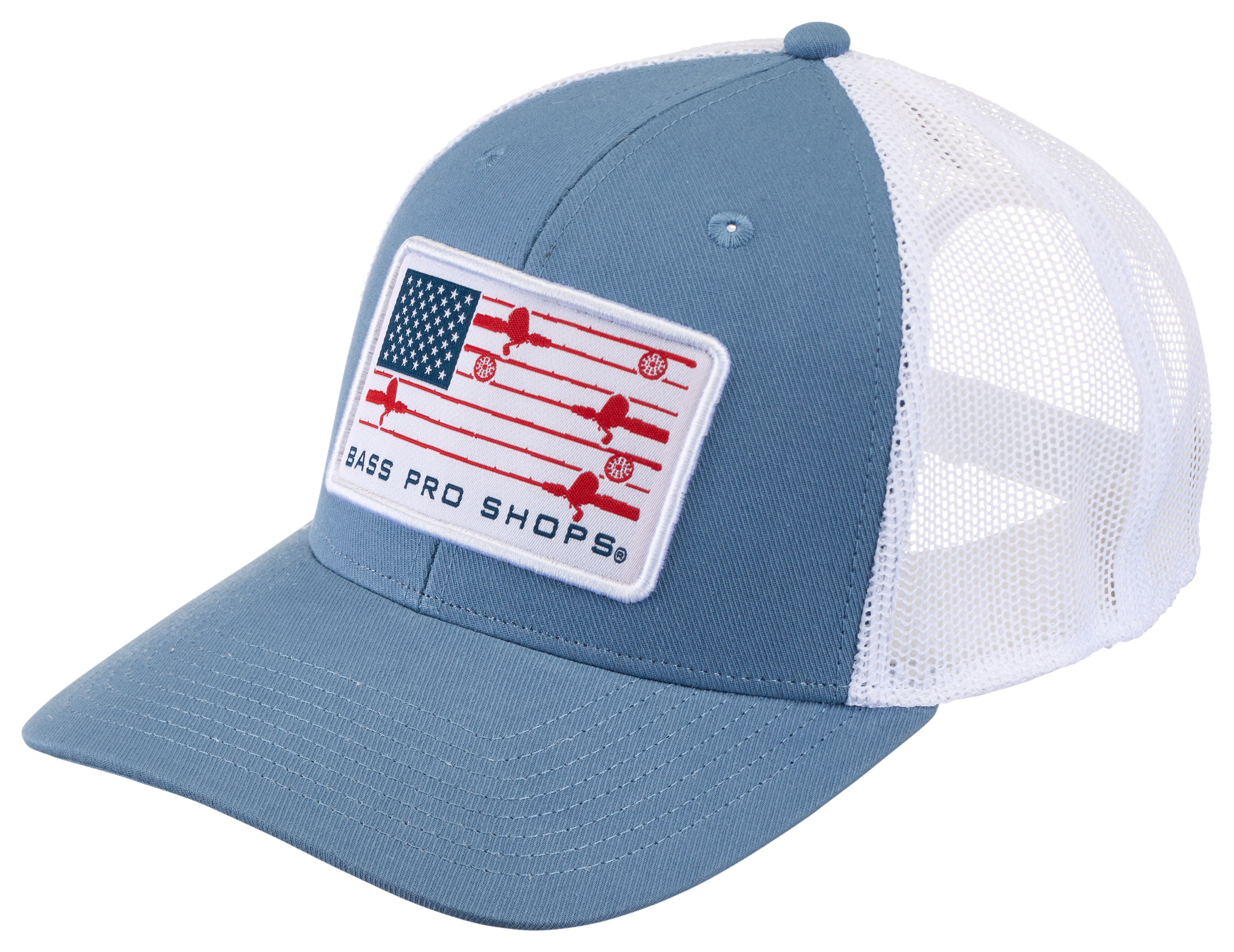 Image of Bass Pro Shops Fishing Rod Flag Mesh-Back Snapback Cap - Light Blue