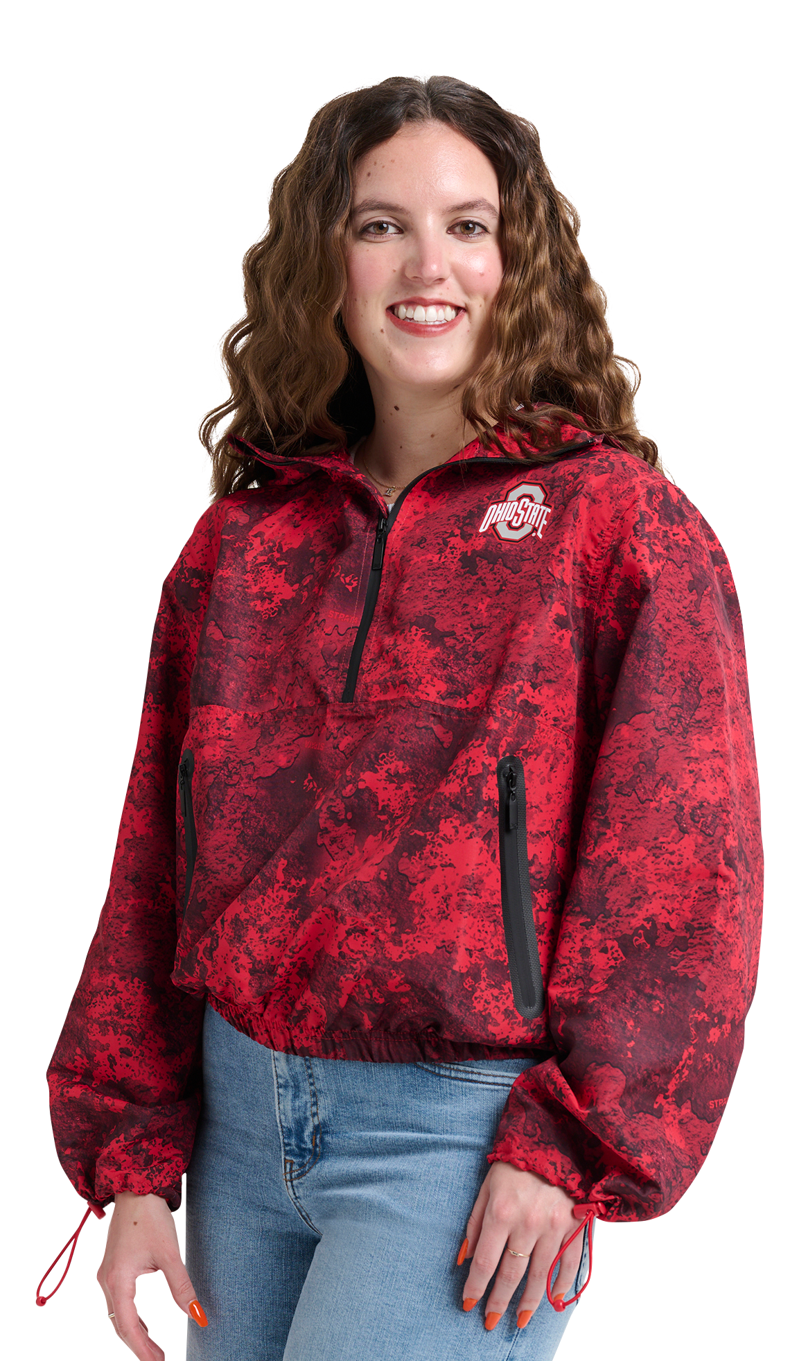 Image of Lusso Wendy Fashion H2O Collegiate Half-Zip Windbreaker Pullover - Ohio State University - TrueTimber Strata Red