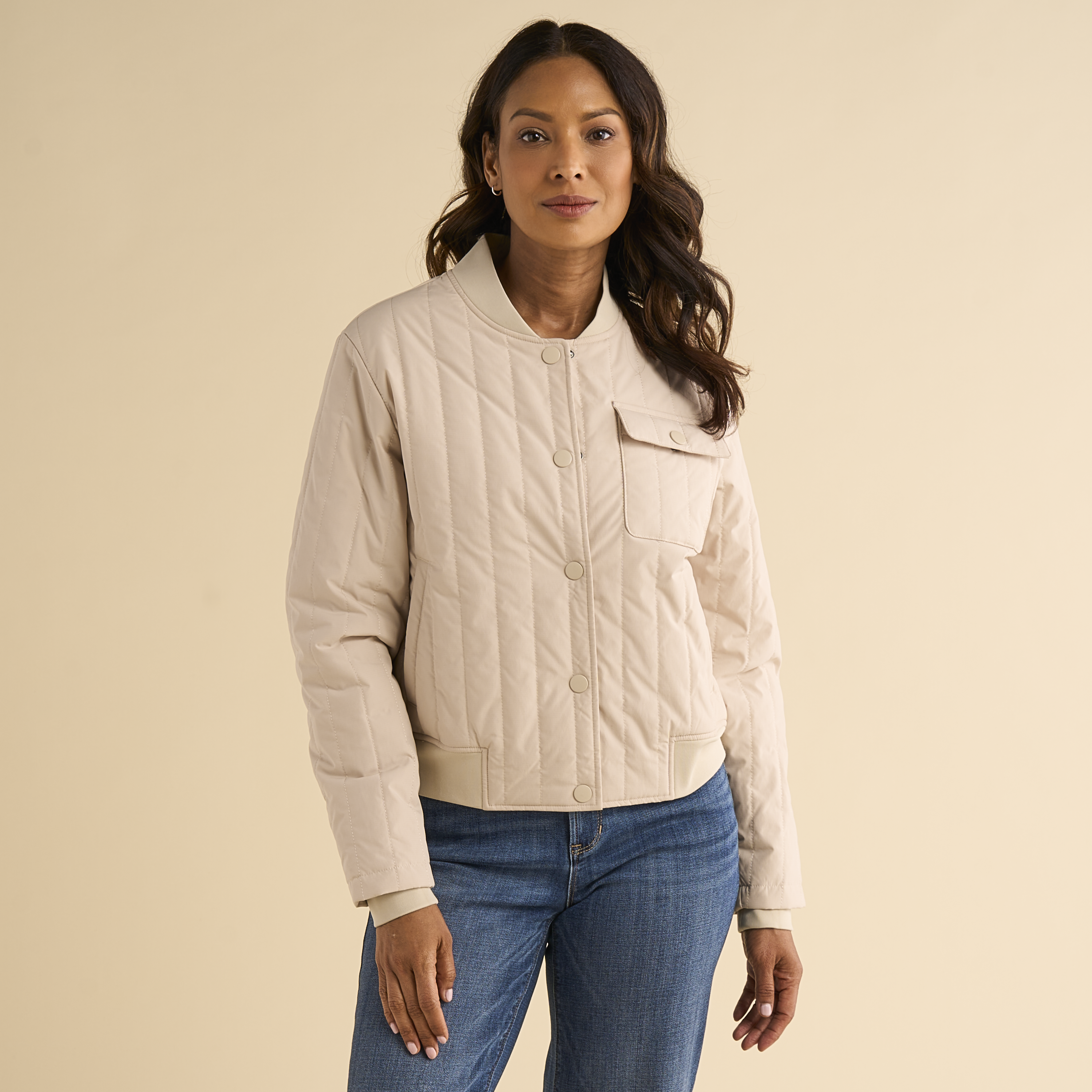 Image of Natural Reflections Aspen Quilted Bomber Jacket - Oatmeal - XXL