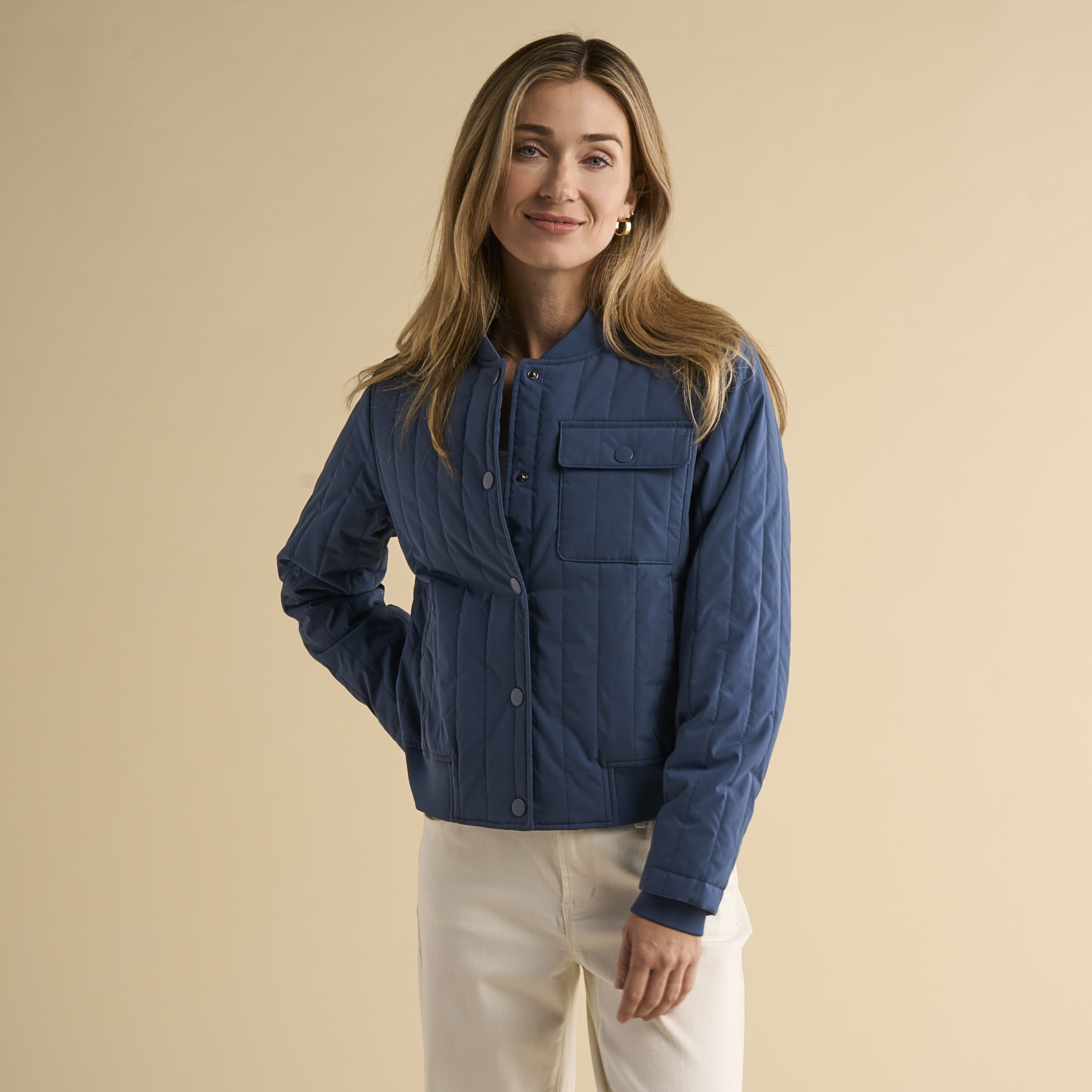 Image of Natural Reflections Aspen Quilted Bomber Jacket - Dark Denim - S