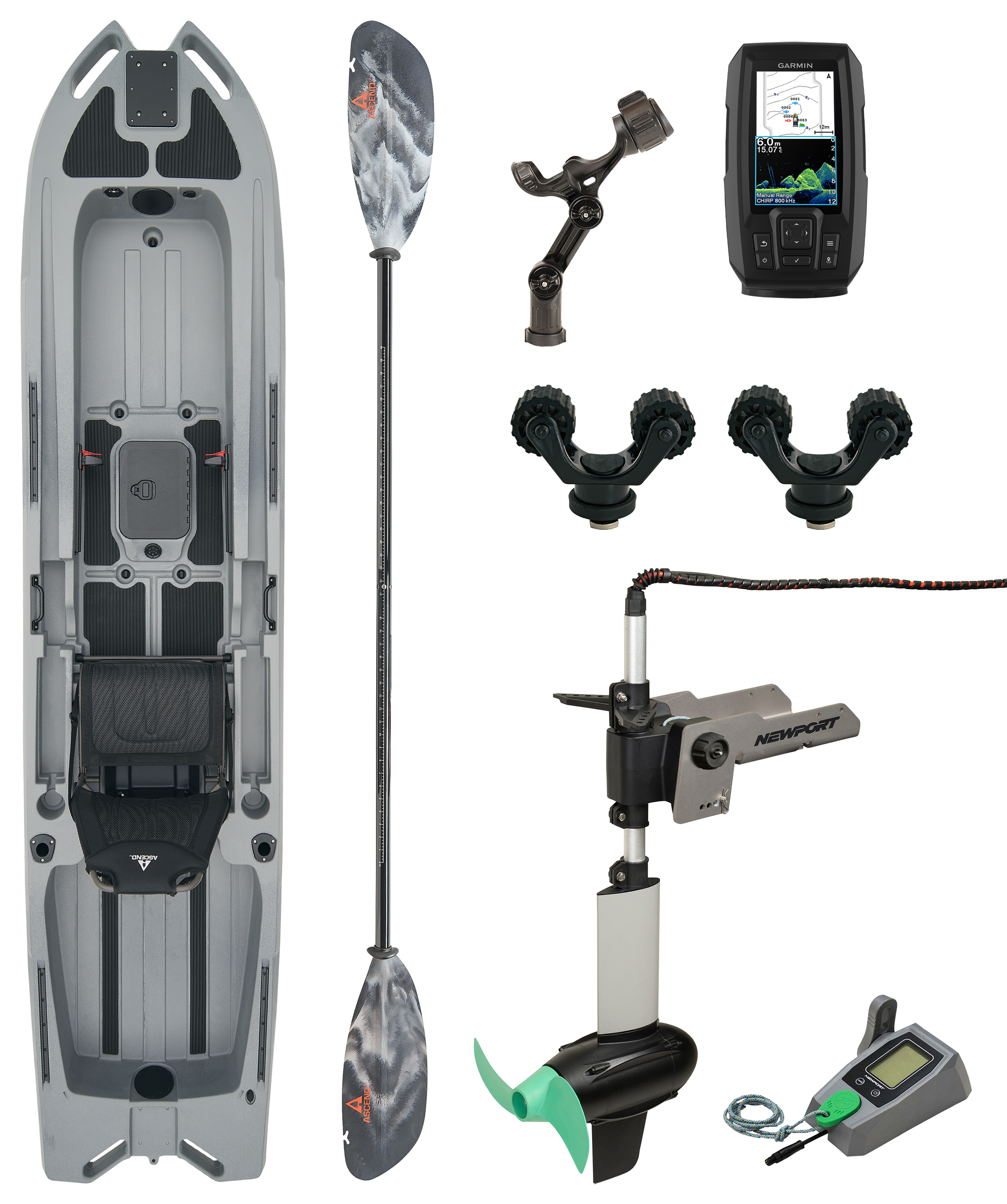 Image of Ascend 133X Kayak in Stealth and Newport NK300 Electric Motor Package