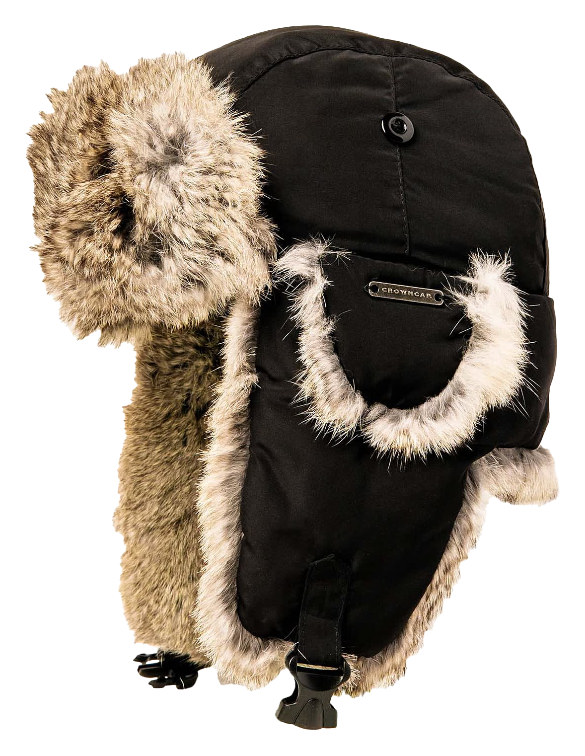 Image of Crown Cap Taslan Aviator Hat with Rabbit Trim - Black/Grey - 2XL