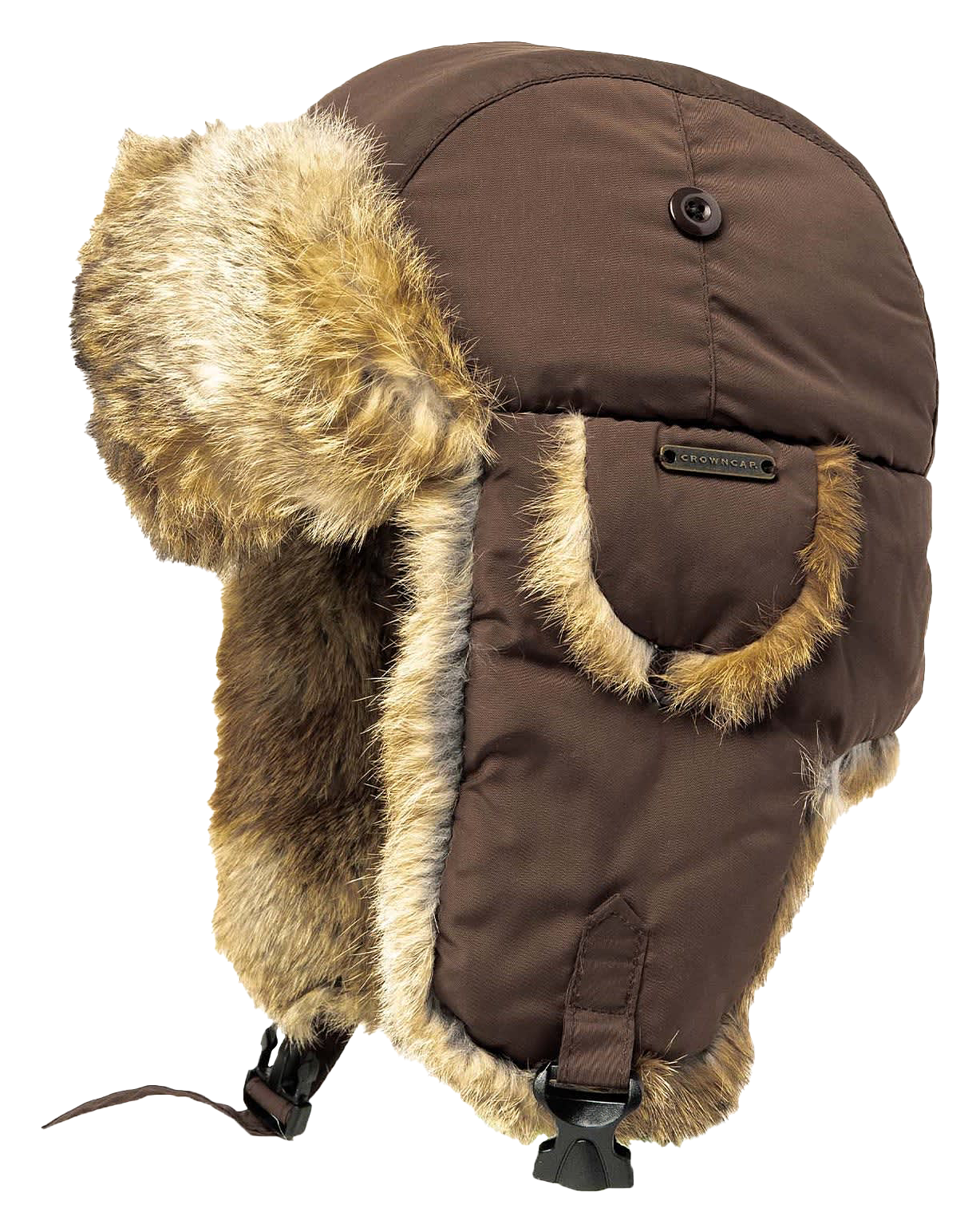 Image of Crown Cap Taslan Aviator Hat with Rabbit Trim - Brown/Natural