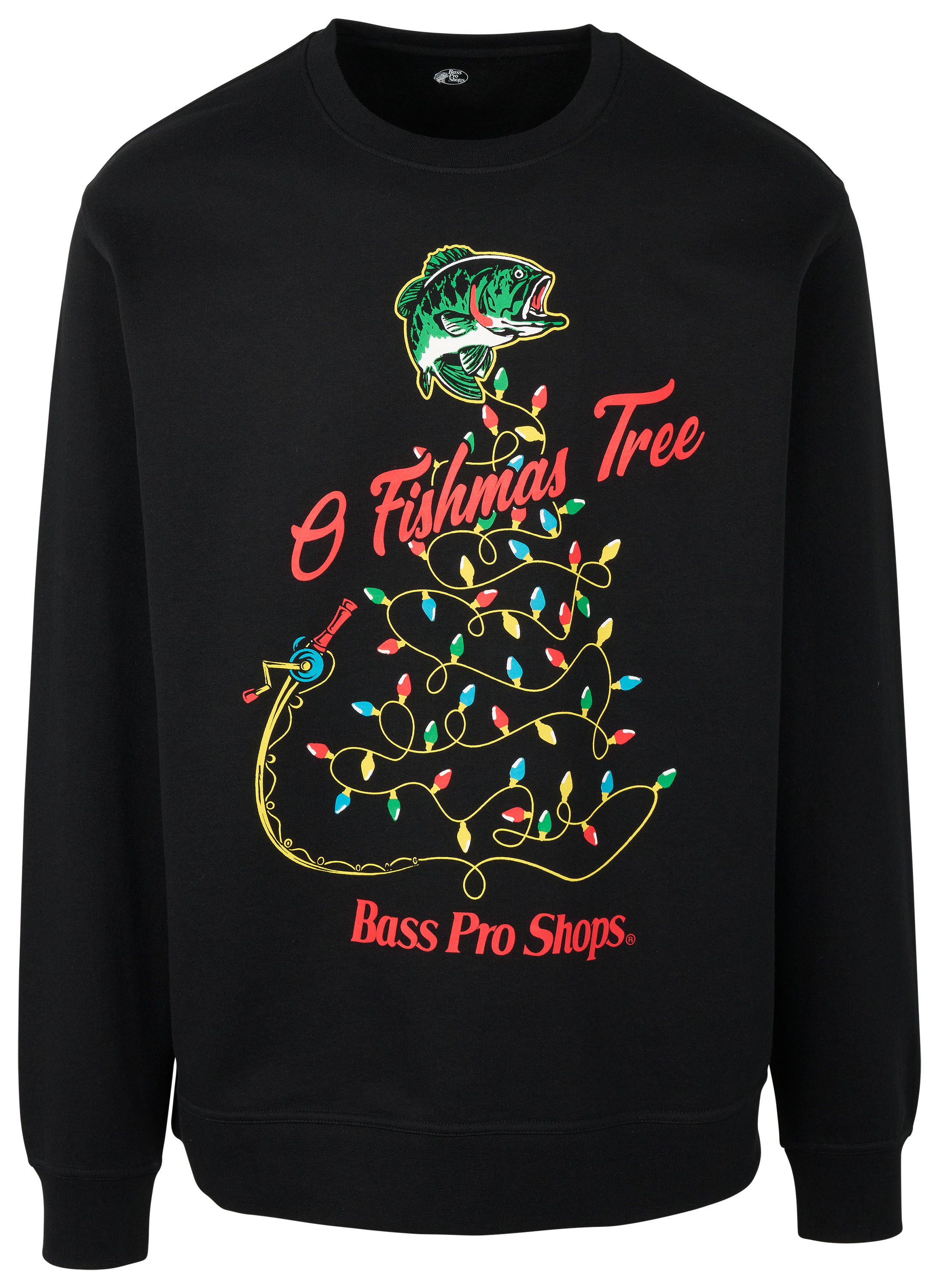 Image of Bass Pro Shops O Fishmas Tree Christmas Sweatshirt for Adults - Black Fishmas Lights - M