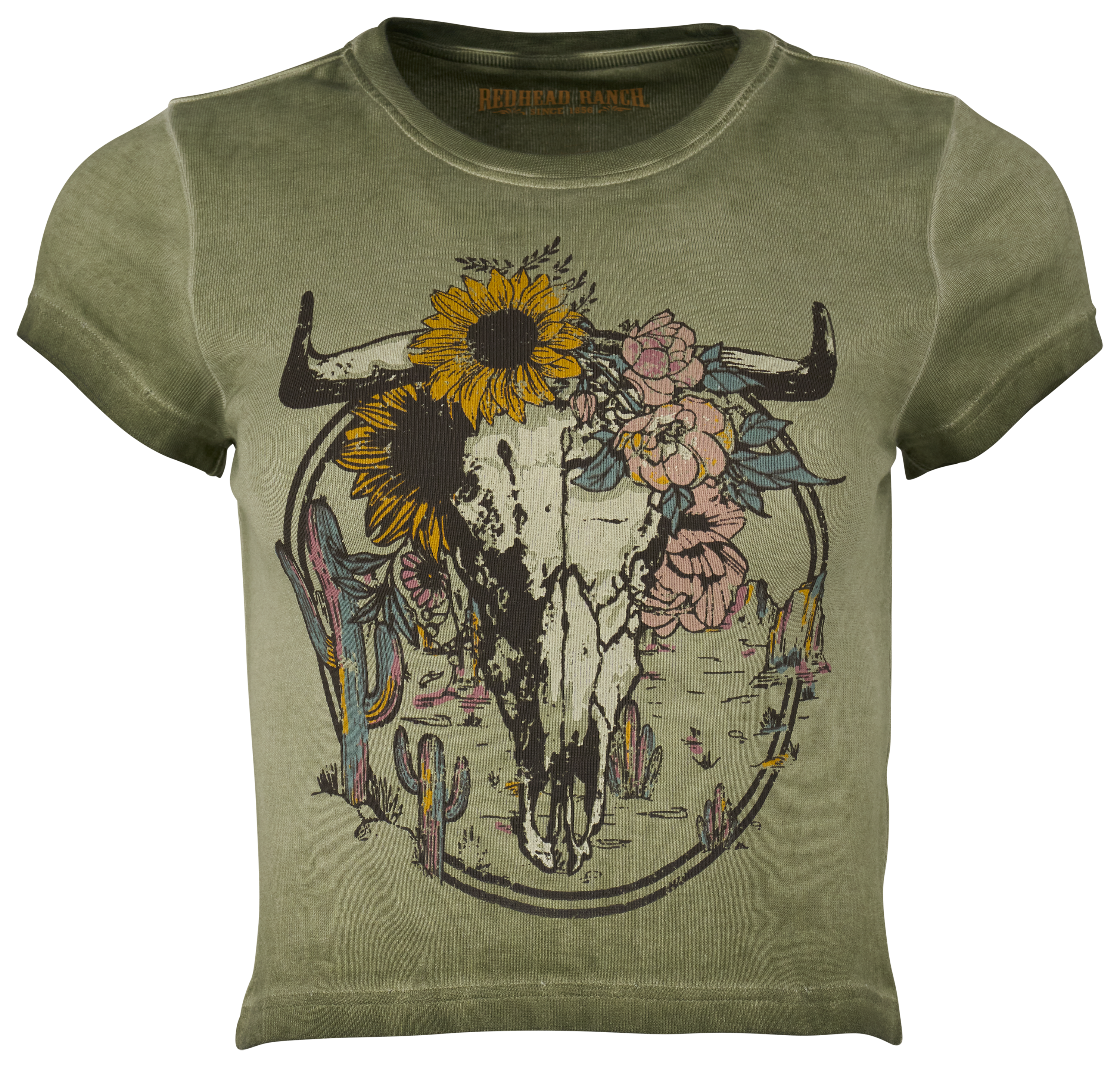 Image of RedHead Ranch Floral Cow Skull Baby-Doll Short-Sleeve T-Shirt - Olive Night