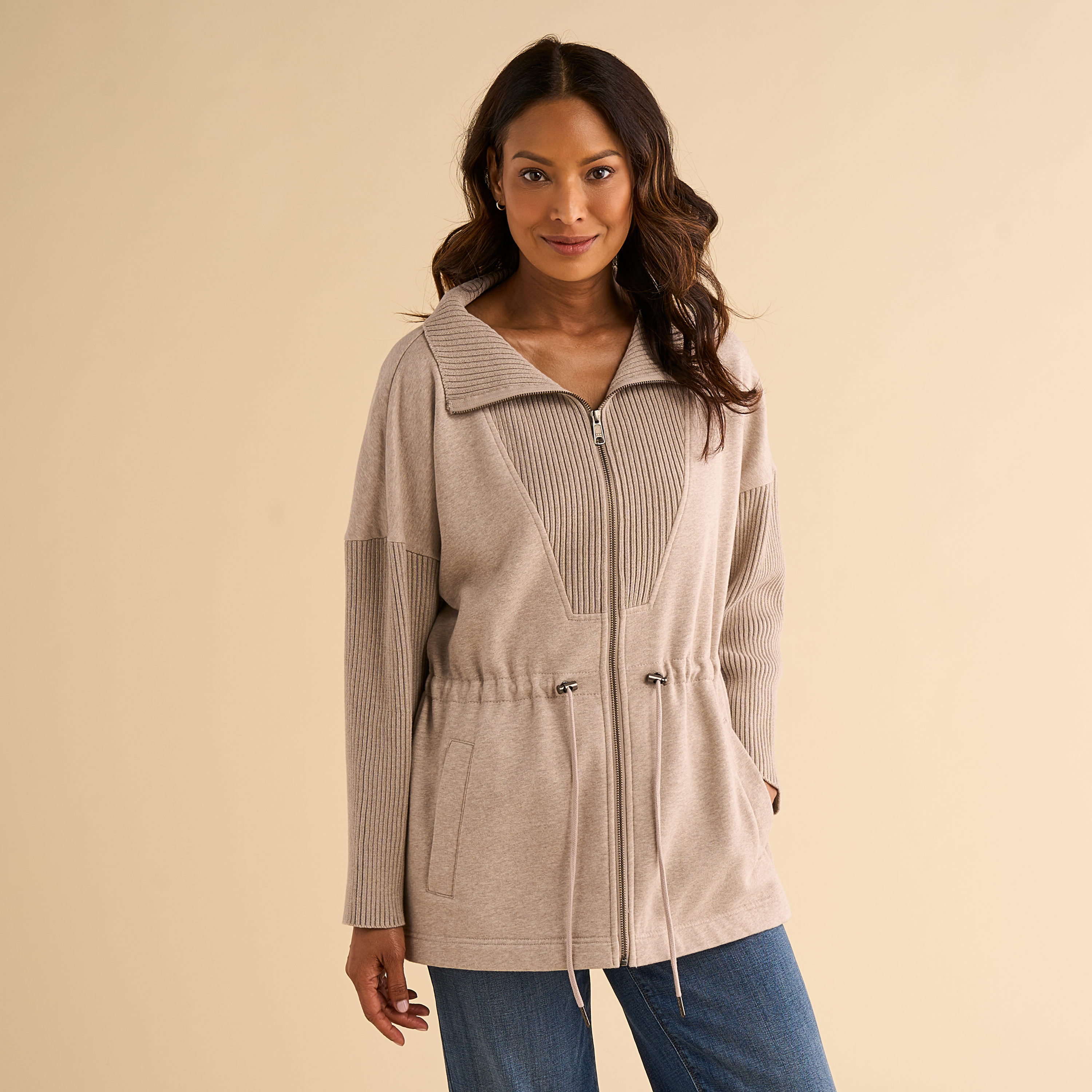 Image of Natural Reflections Rowan Longline Jacket - Taupe Heather - S