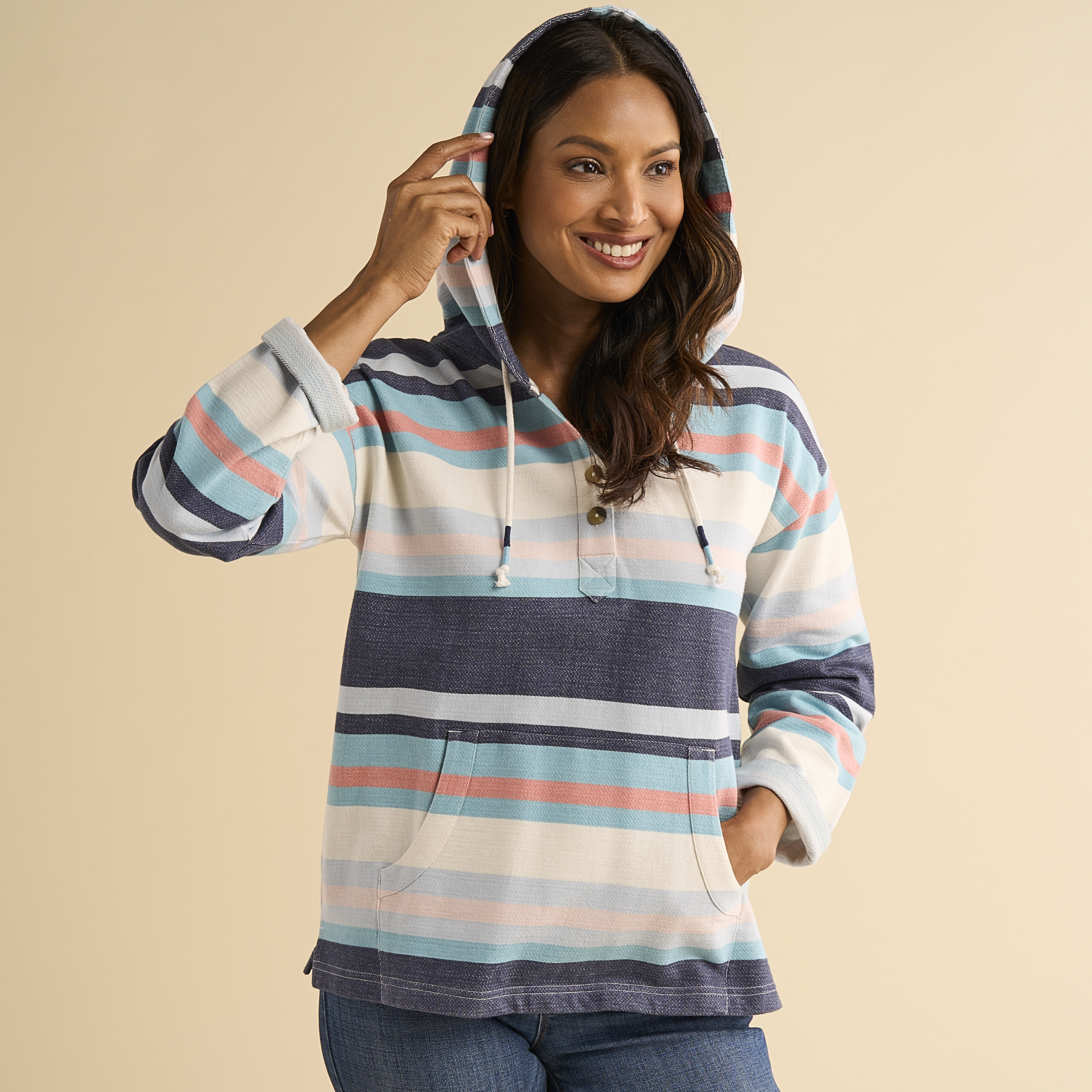 Image of Natural Reflections Stripe Henley Hoodie - Mood Indigo