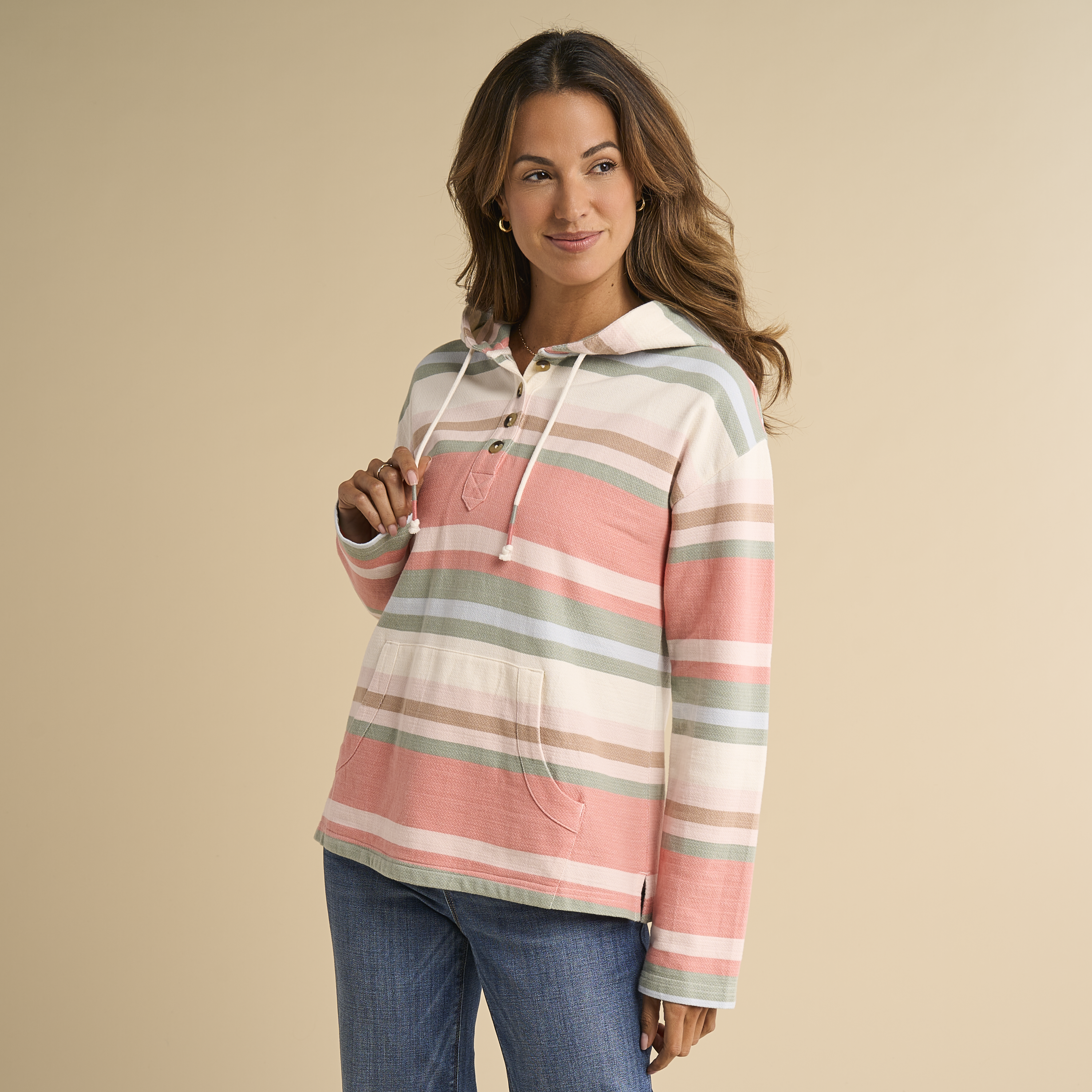 Image of Natural Reflections Stripe Henley Hoodie - Peach Blossom
