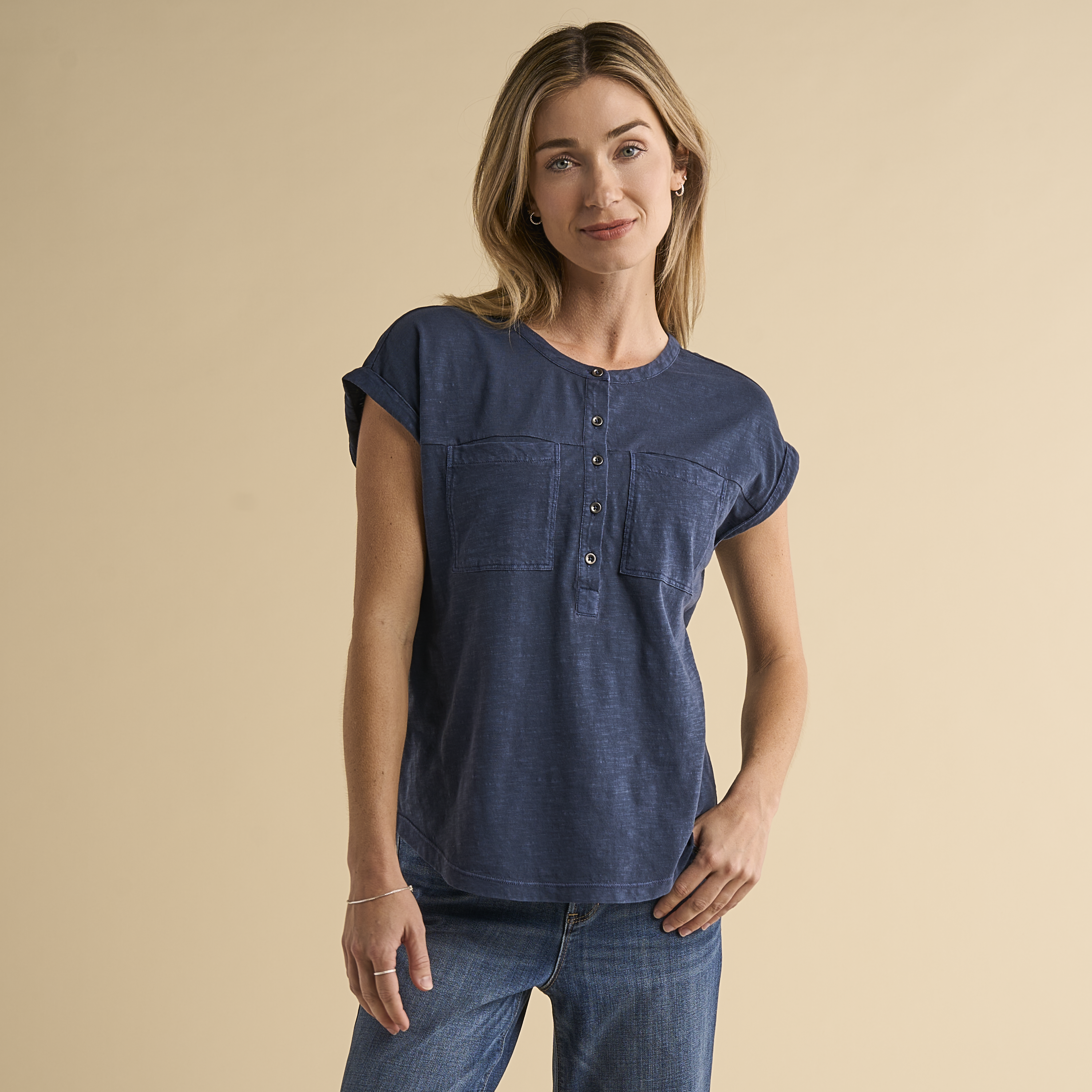 Image of Natural Reflections Breezewood Short-Sleeve Henley - Mood Indigo