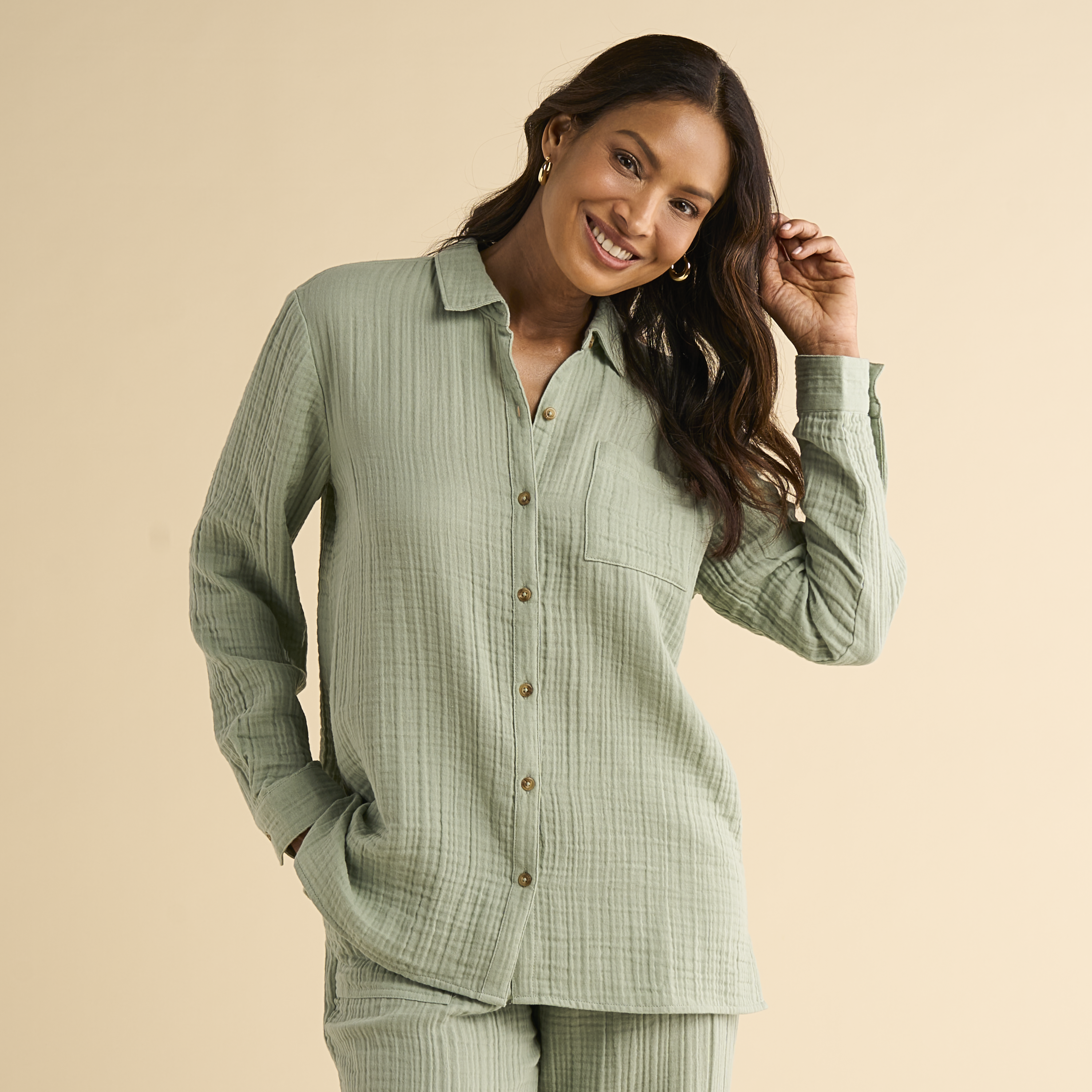 Image of Natural Reflections Double Cloth Long-Sleeve Button-Down Shirt - Iceberg Green