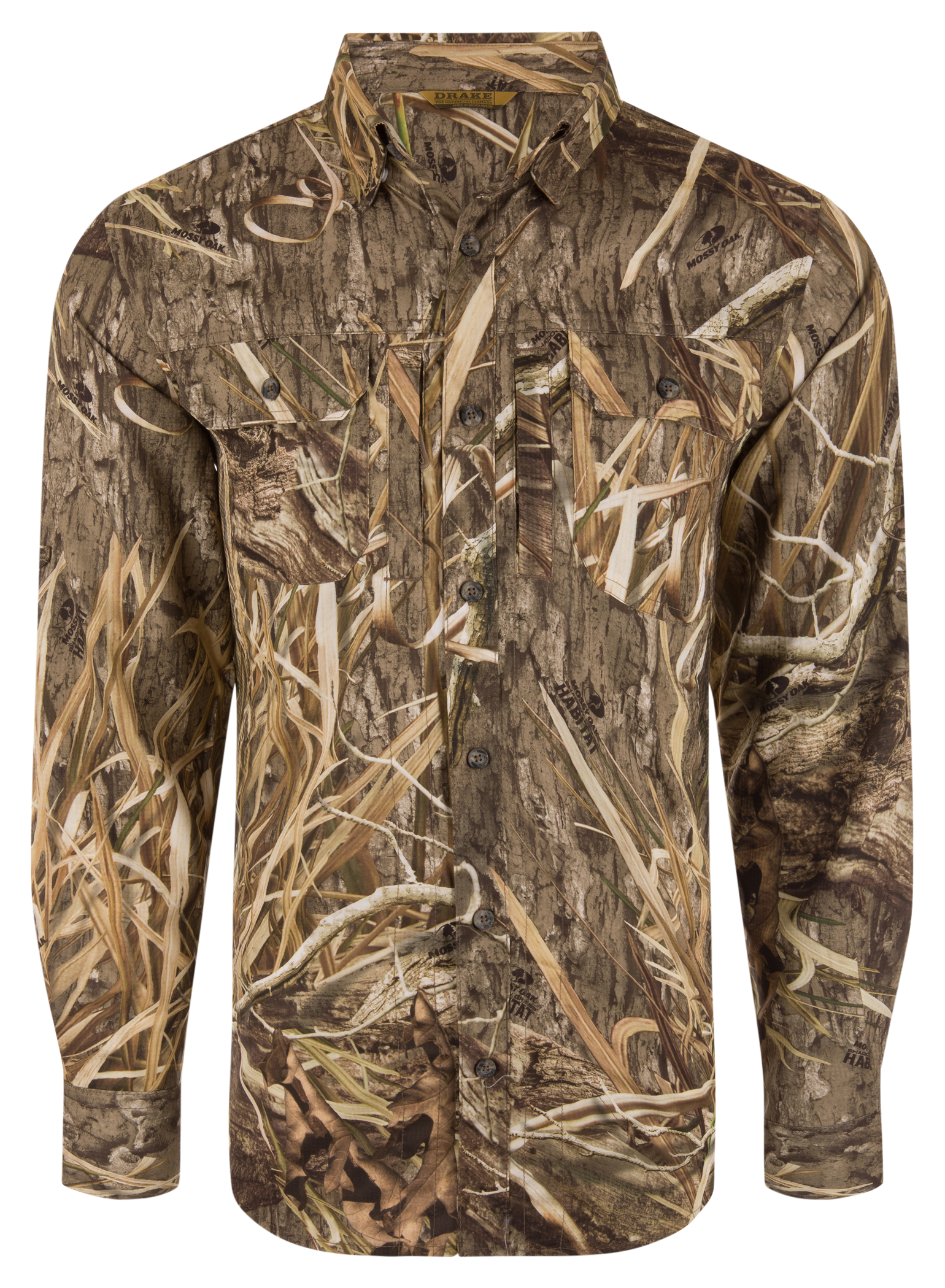 Image of Drake Waterfowl EST Wingshooter Trey Long-Sleeve Button-Down Shirt - Mossy Oak Shadow Grass Habitat