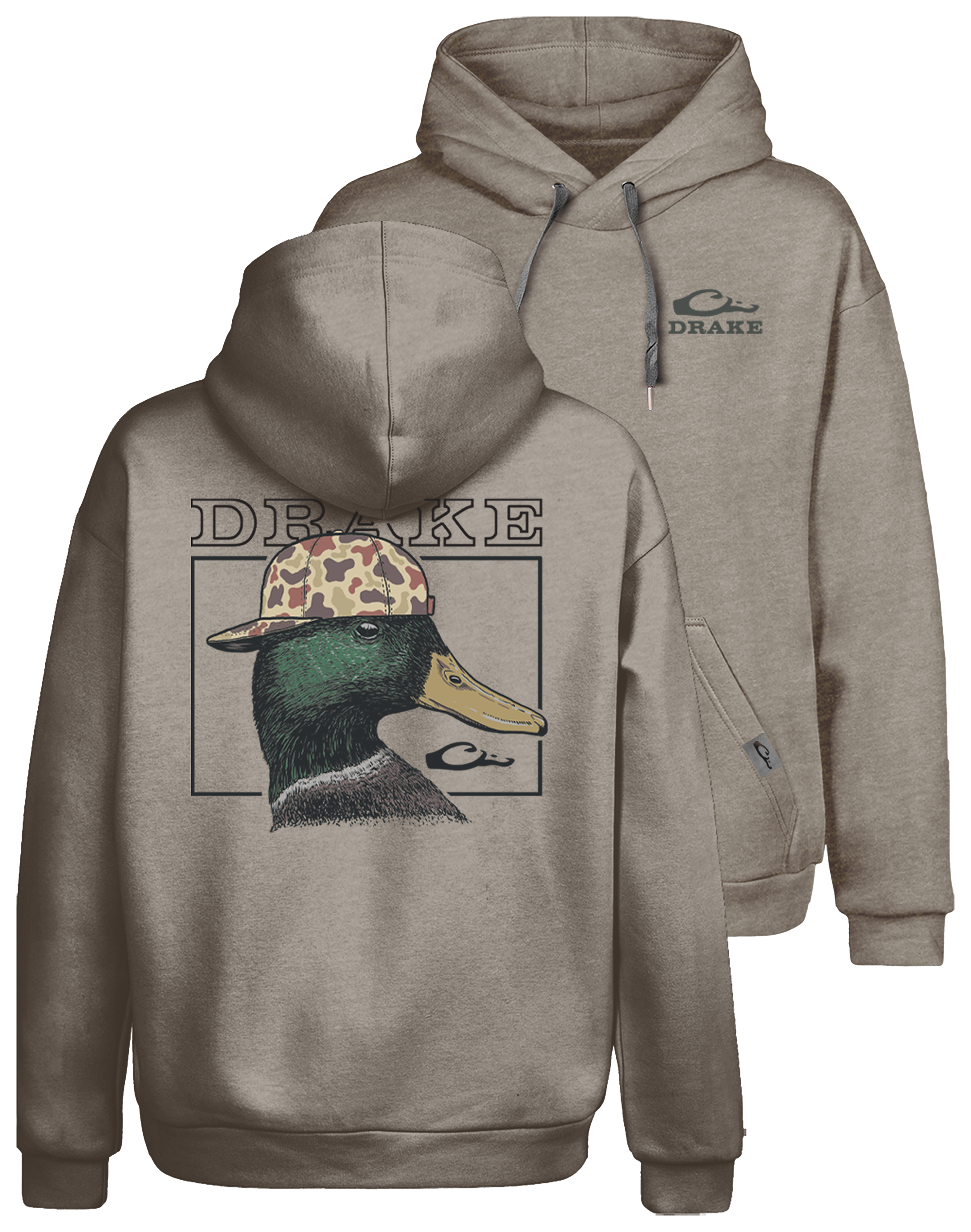 Image of Drake Back Cap Mallard Graphic Hoodie - Island Fossil Light Heather - L