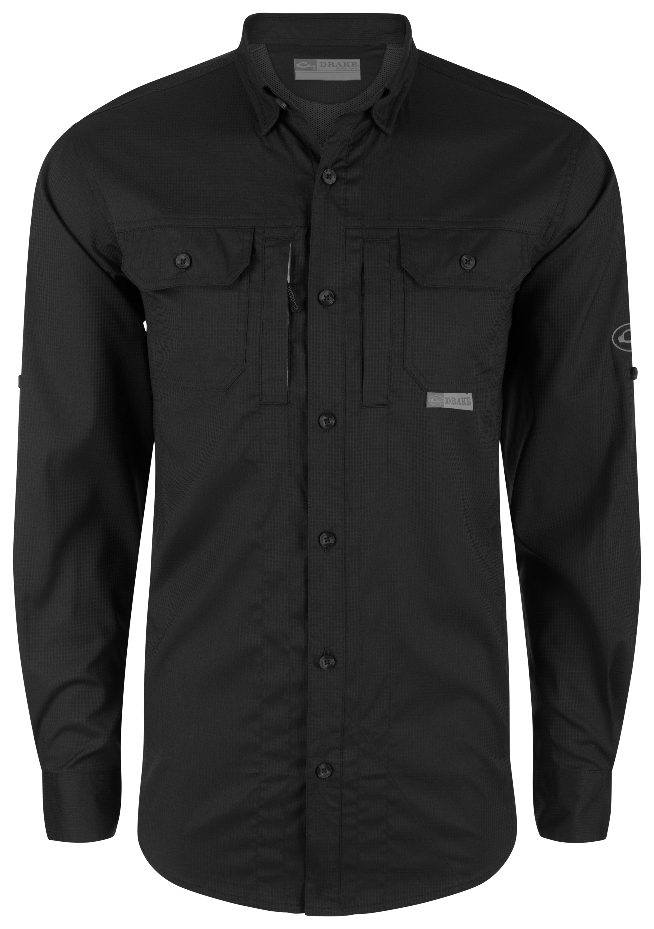 Image of Drake Waterfowl Wingshooter's Trey Dobby Long-Sleeve Button-Down Shirt - Caviar Black - XXL