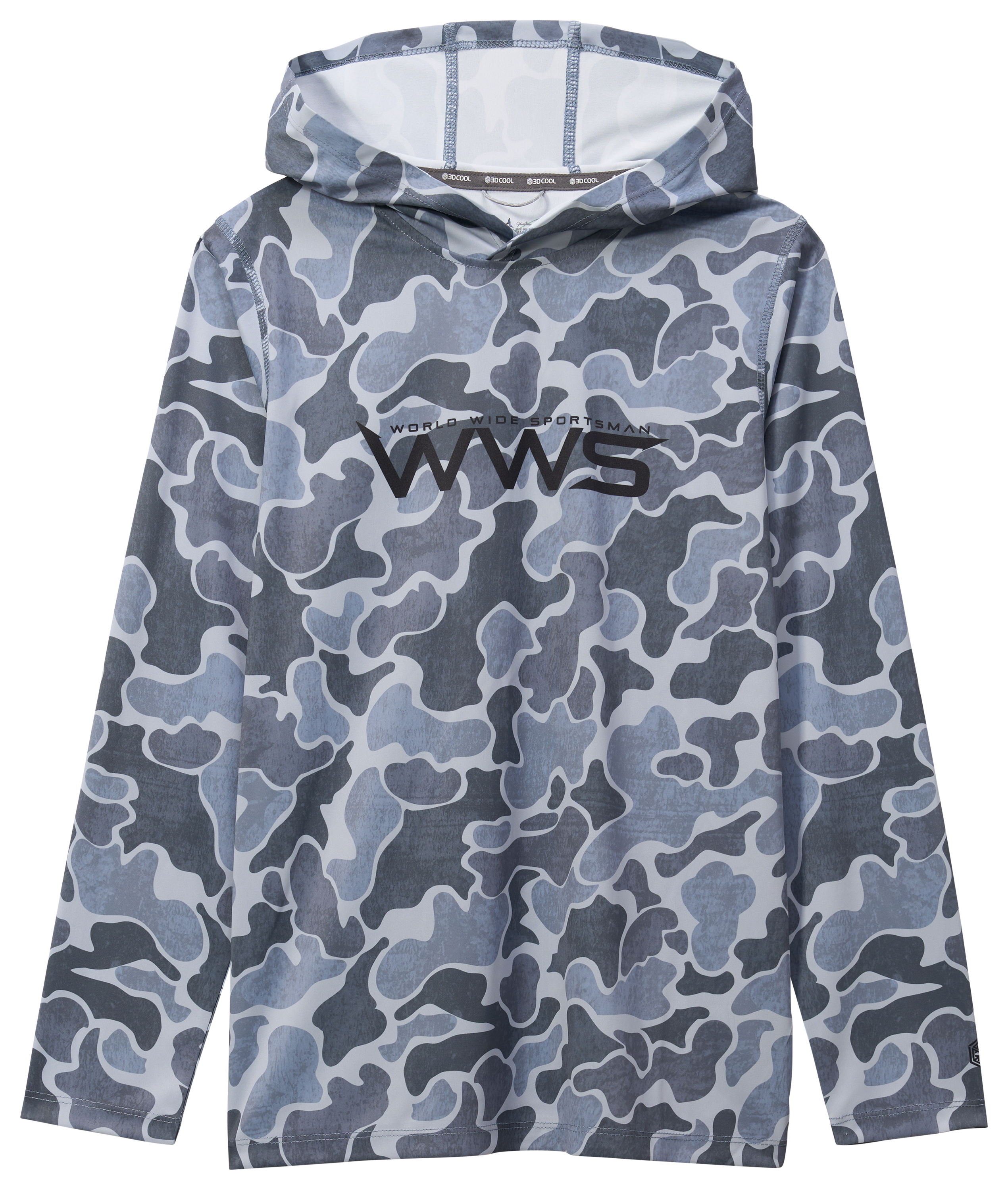 Image of World Wide Sportsman Logo 3D Cool Surfcaster Hoodie for Kids - Gray Vintage Camo