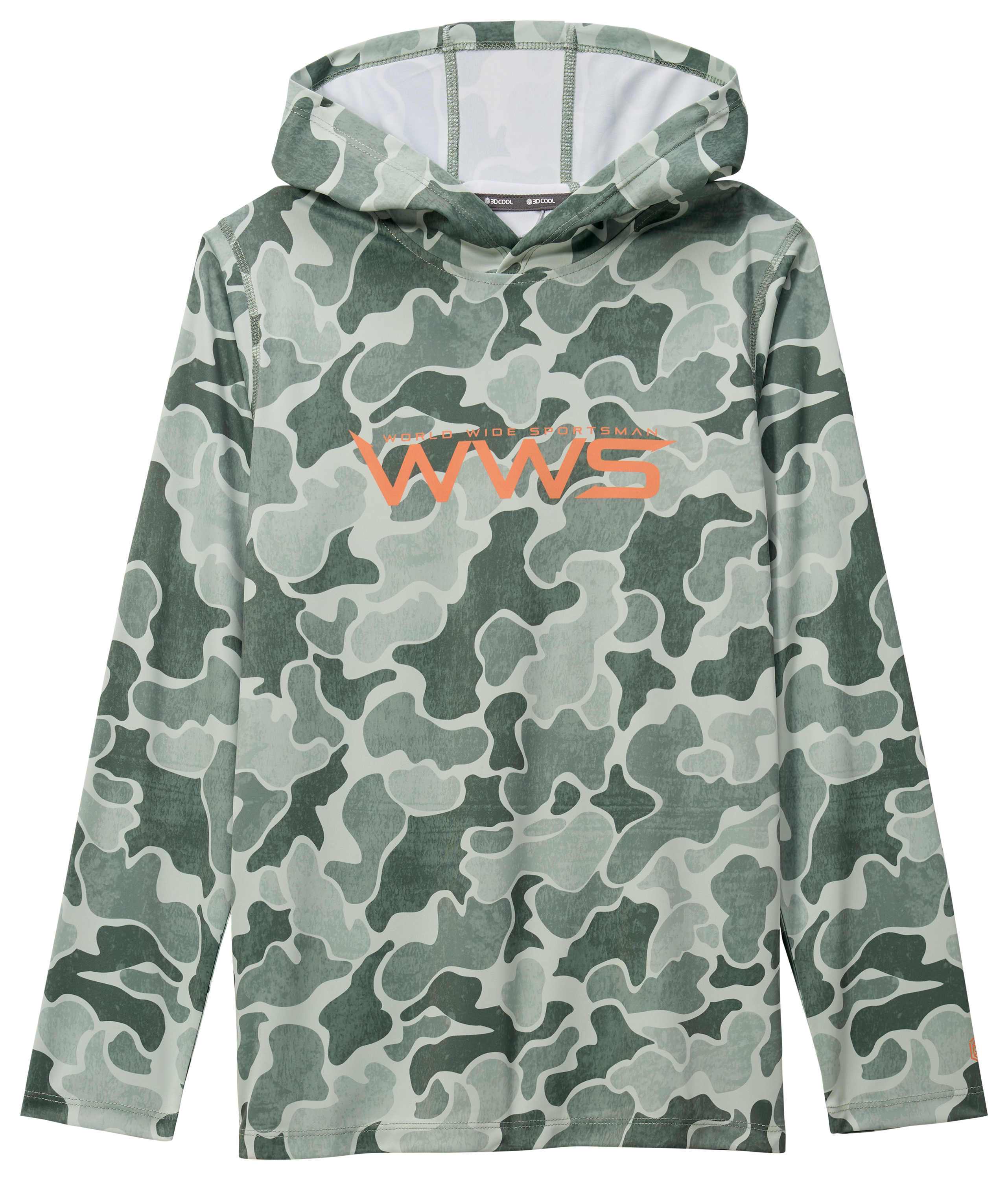 Image of World Wide Sportsman Logo 3D Cool Surfcaster Hoodie for Kids - Green Vintage Camo