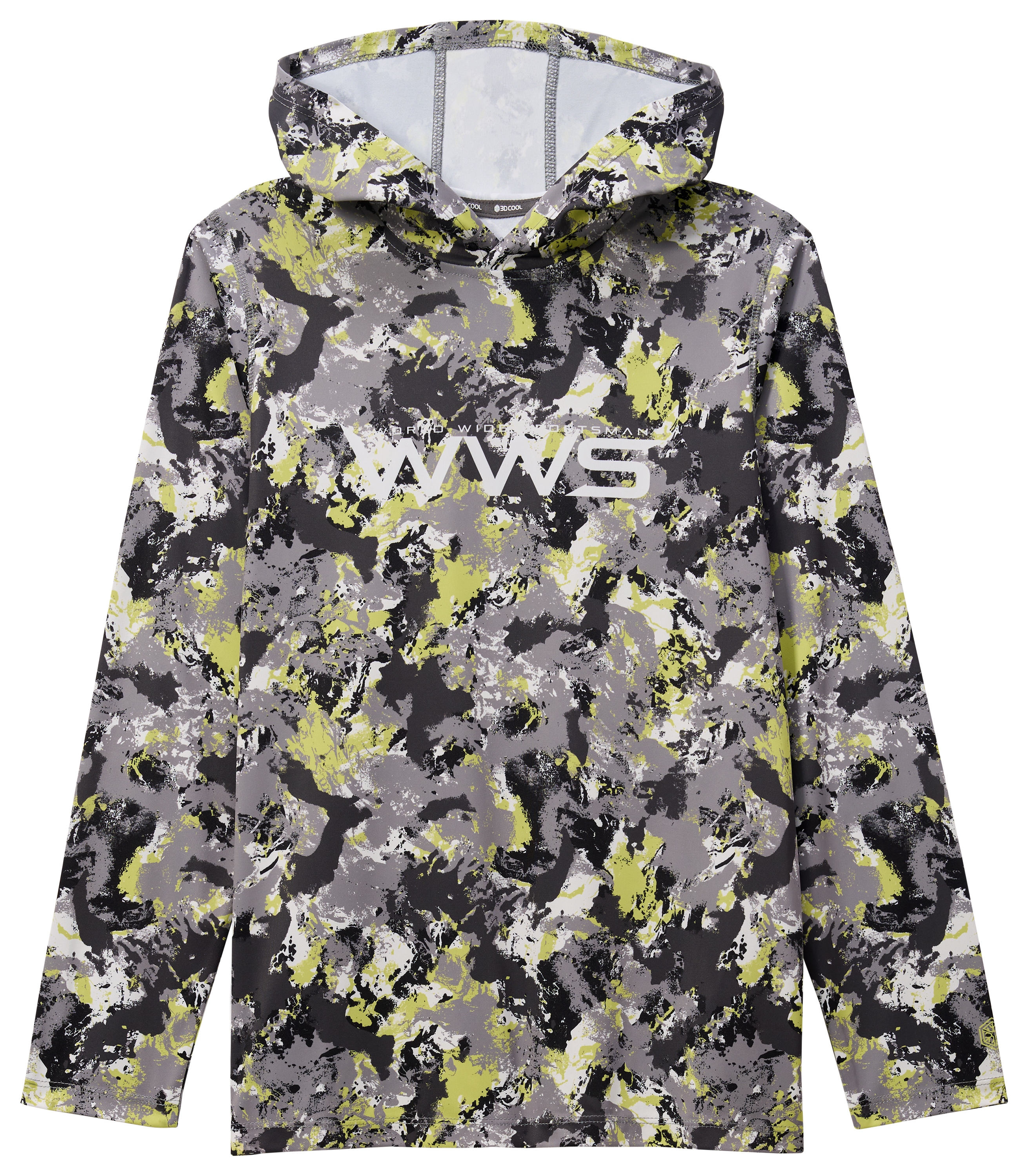 Image of World Wide Sportsman Logo 3D Cool Surfcaster Hoodie for Kids - Wild Lime Water Camo