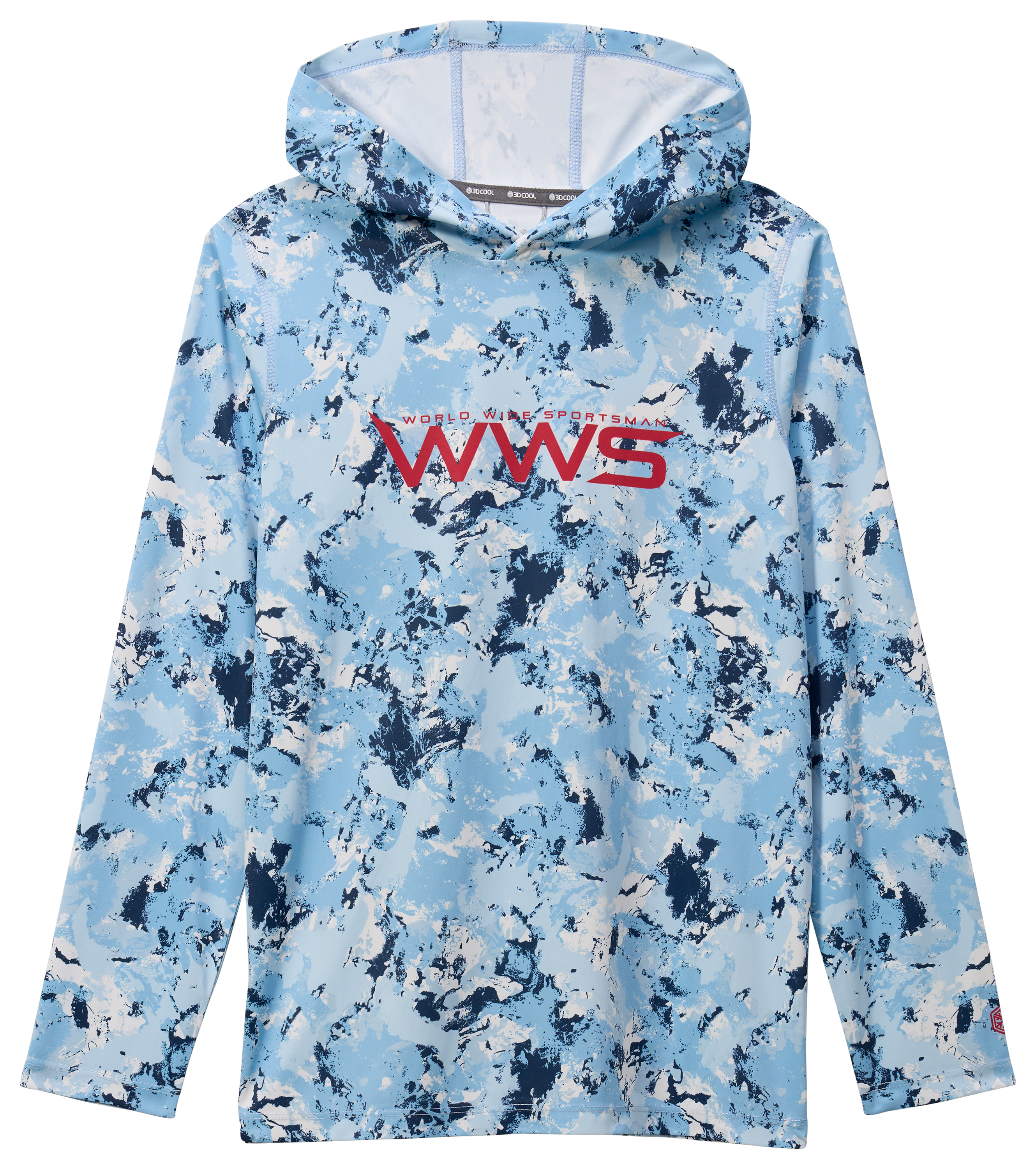 Image of World Wide Sportsman Logo 3D Cool Surfcaster Hoodie for Kids - Blue Water Camo