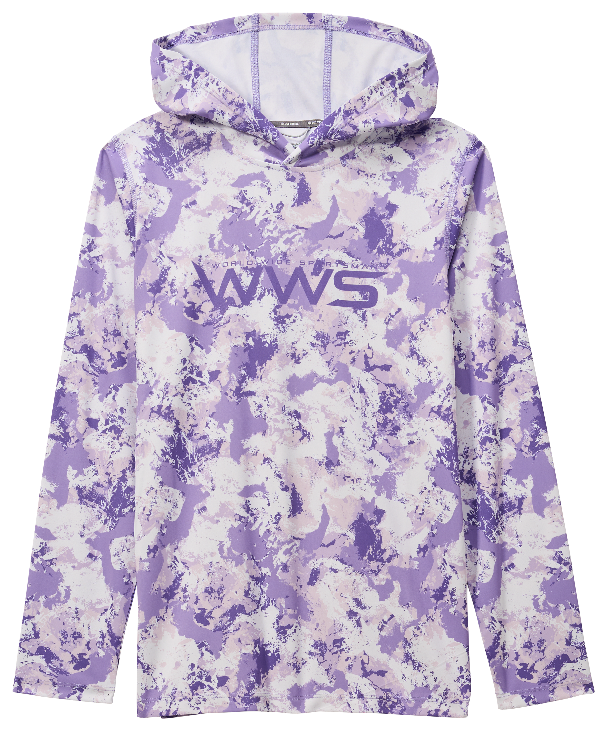 Image of World Wide Sportsman Logo 3D Cool Surfcaster Hoodie for Kids - Purple Water Camo