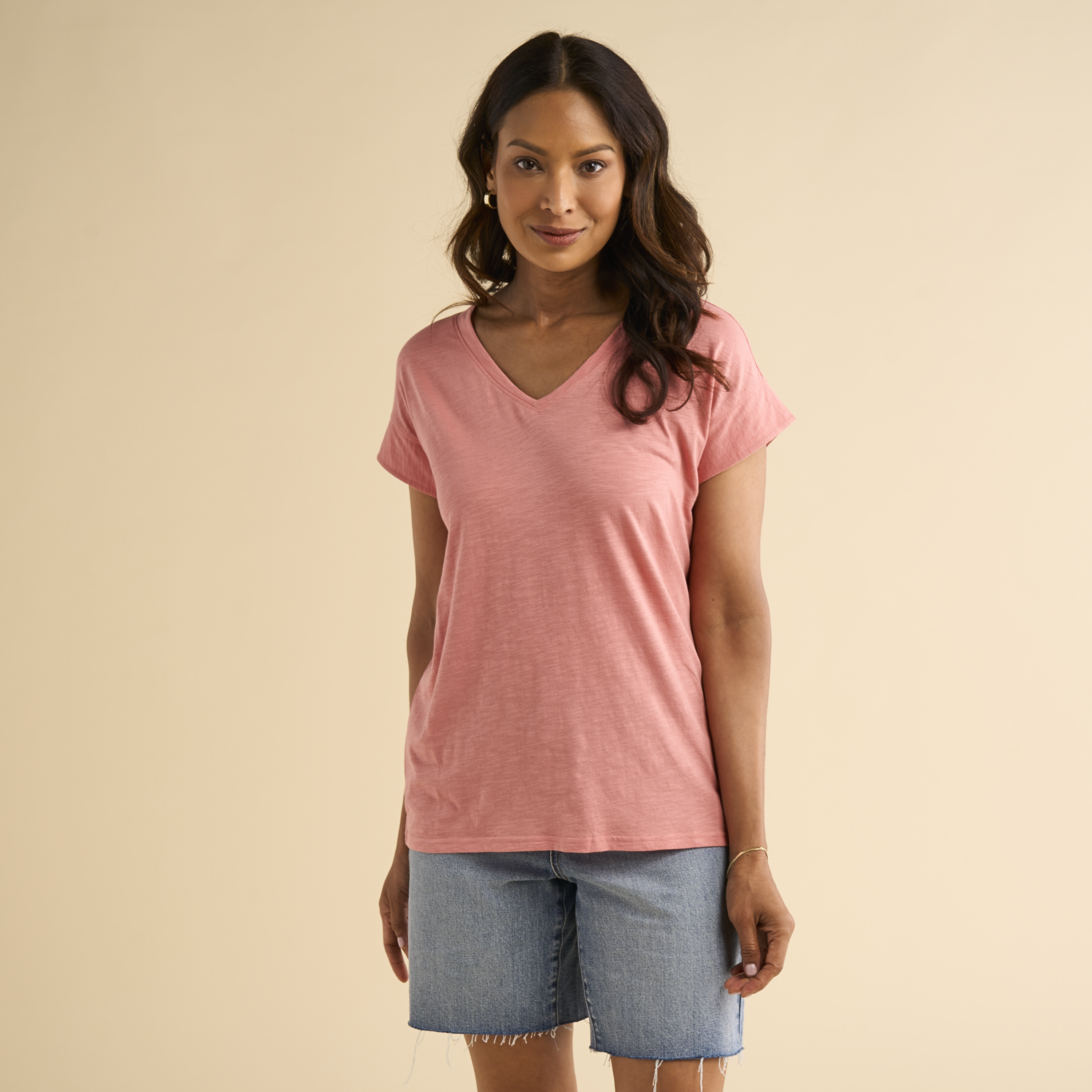 Image of Natural Reflections Rosewood V-Neck Short-Sleeve T-Shirt - Peach Blossom