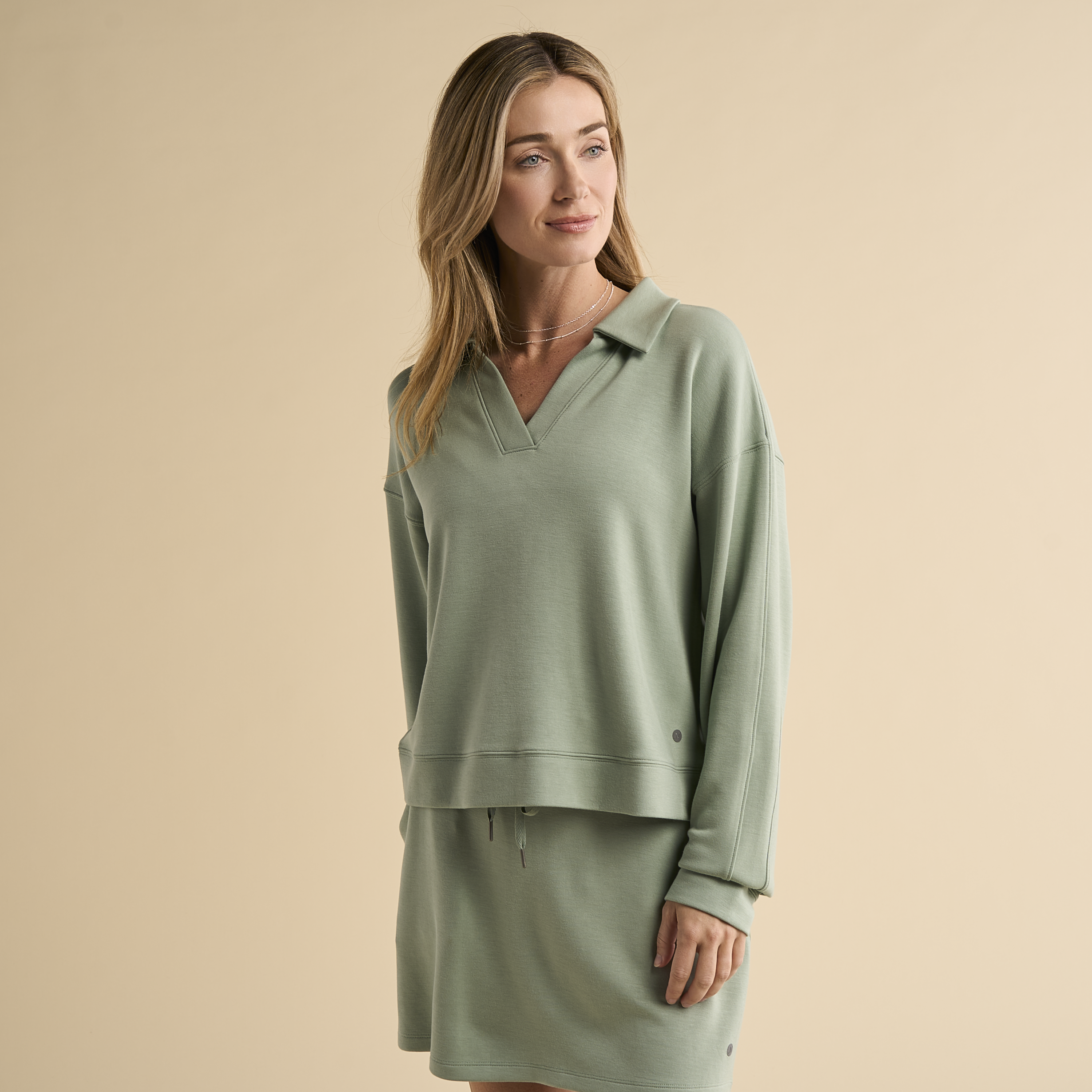 Image of Natural Reflections Soft Haven Long-Sleeve Polo Sweatshirt - Iceberg Green