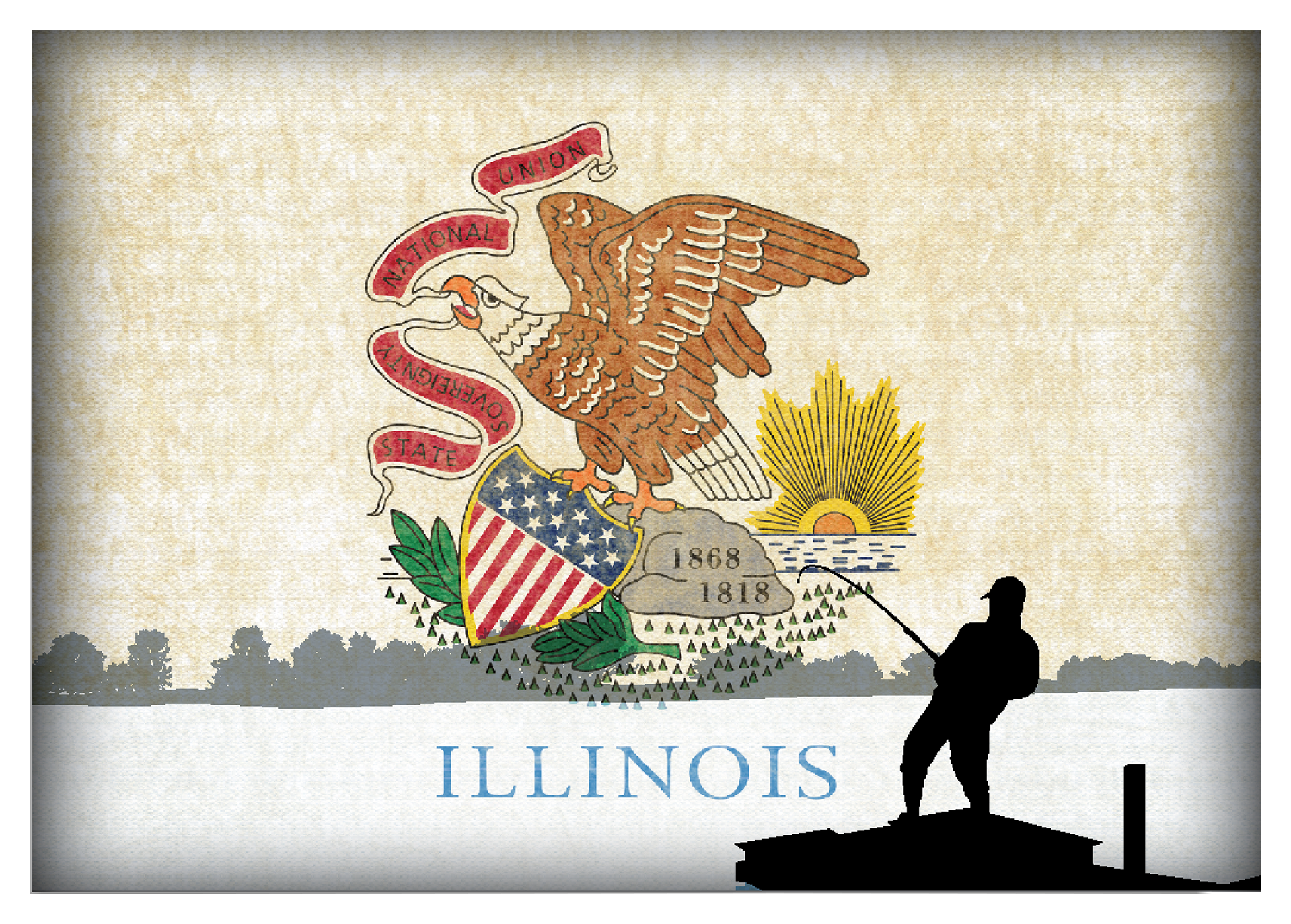 Image of Everyone Loves Buttons Illinois Fishing-Themed State Flag Souvenir Magnet