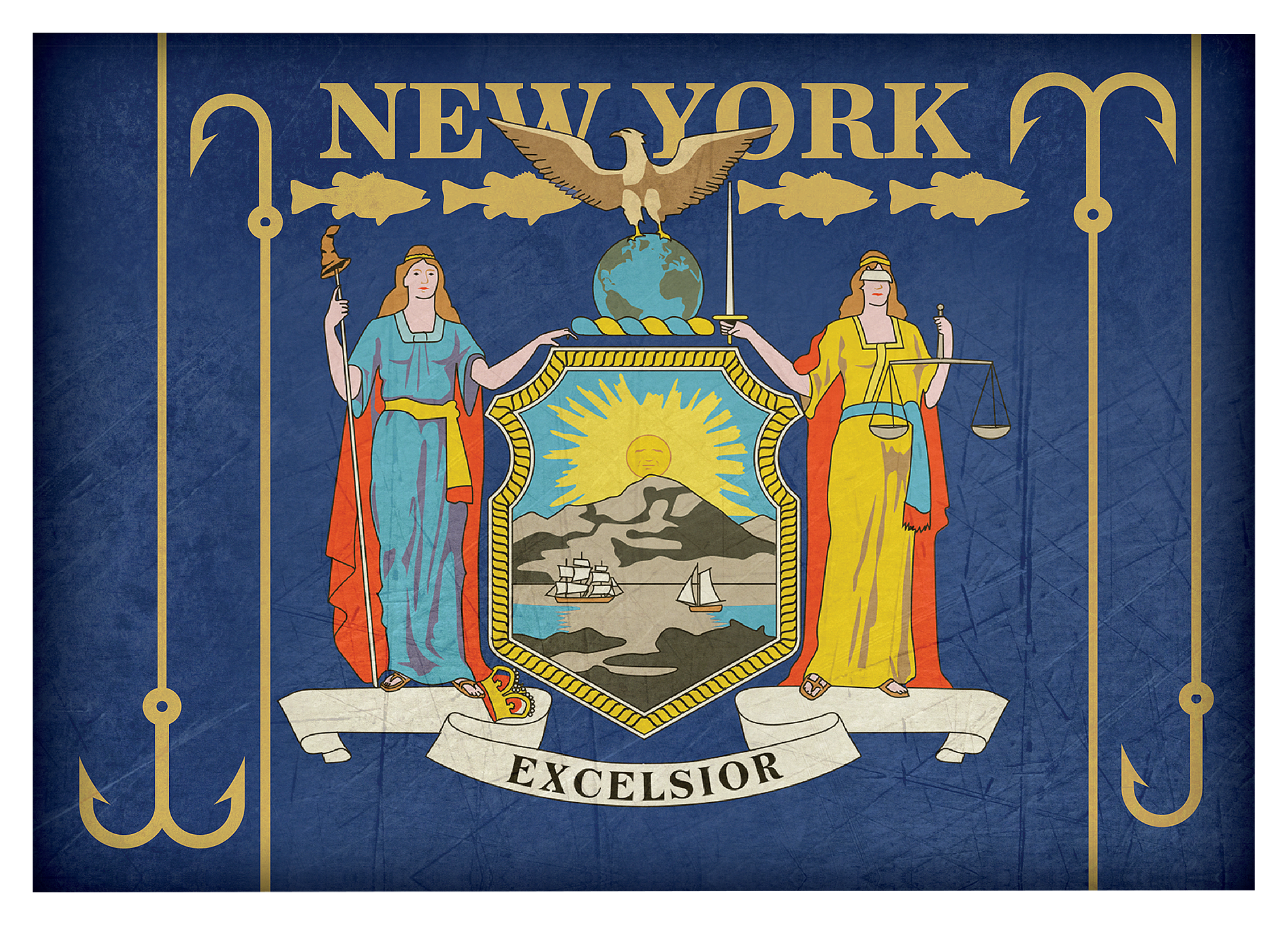Image of Everyone Loves Buttons New York Fishing-Themed State Flag Souvenir Magnet