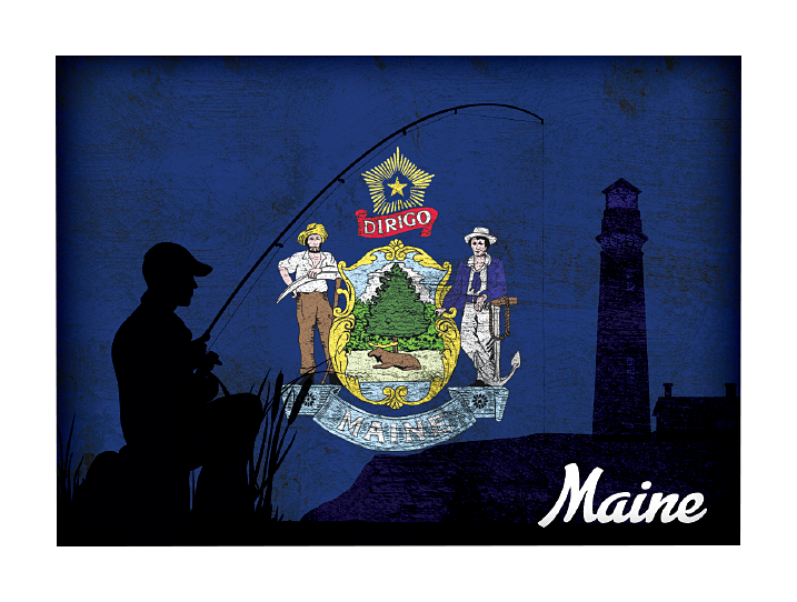 Image of Everyone Loves Buttons Maine Fishing-Themed State Flag Souvenir Magnet