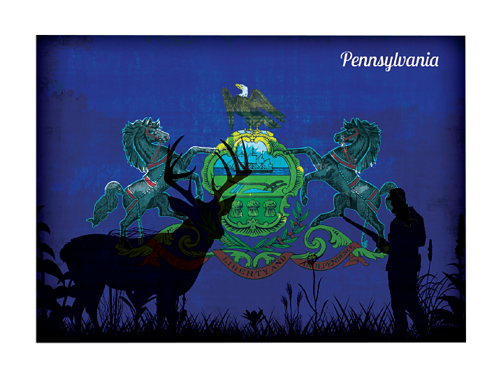 Image of Everyone Loves Buttons Pennsylvania Hunting-Themed State Flag Souvenir Magnet
