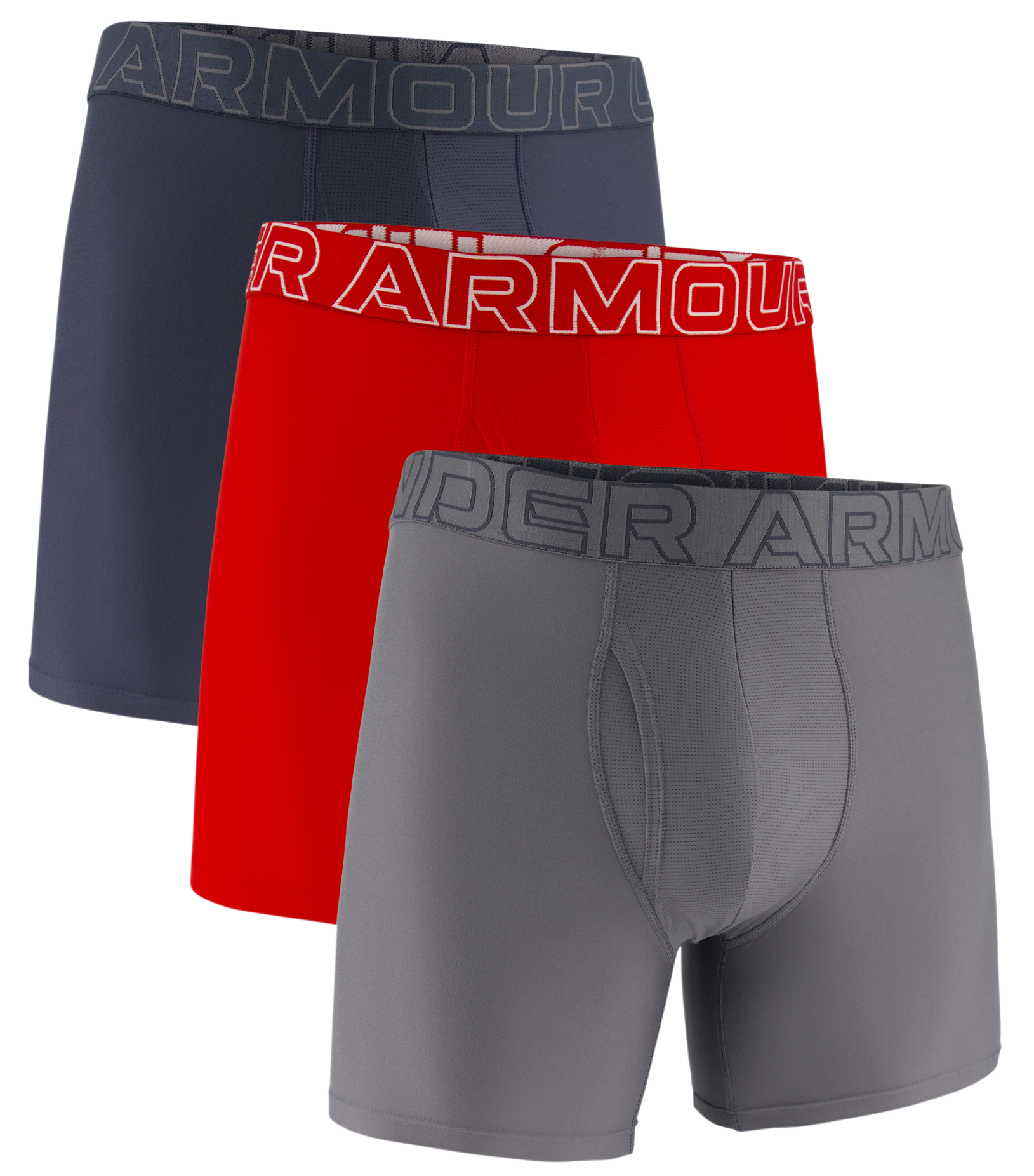 Image of "Under Armour Performance Tech 6"" Boxer Briefs 3-Pack - Downpour Gray/Red"