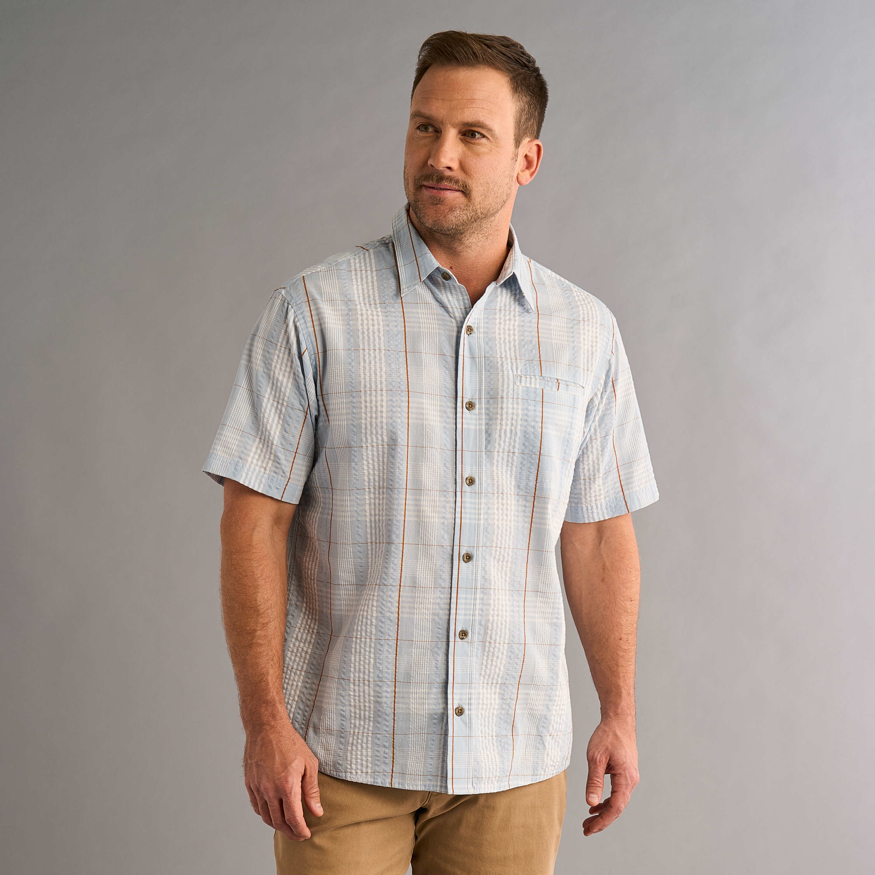 Image of RedHead Seersucker Button-Up Plaid Short-Sleeve Shirt for Men - Sky Plaid
