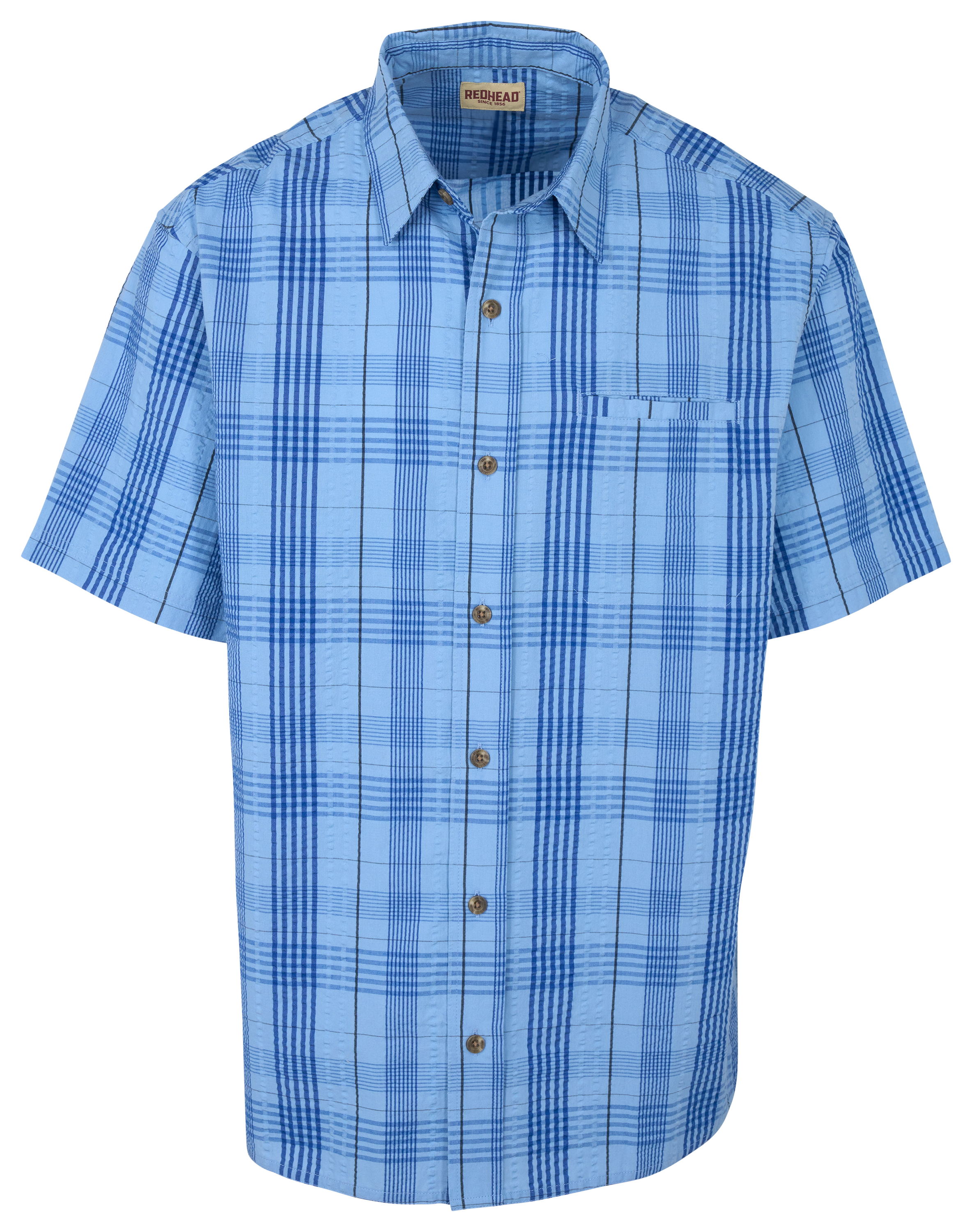 Image of RedHead Seersucker Button-Up Plaid Short-Sleeve Shirt - Marina Blue Plaid